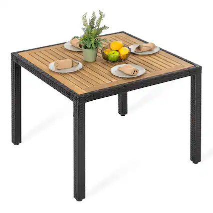 Front. Nuu Garden - Outdoor Patio 36" Square Dining Table with Acacia Wood Tabletop and PE Rattan-Wrapped Metal Frame - Black.