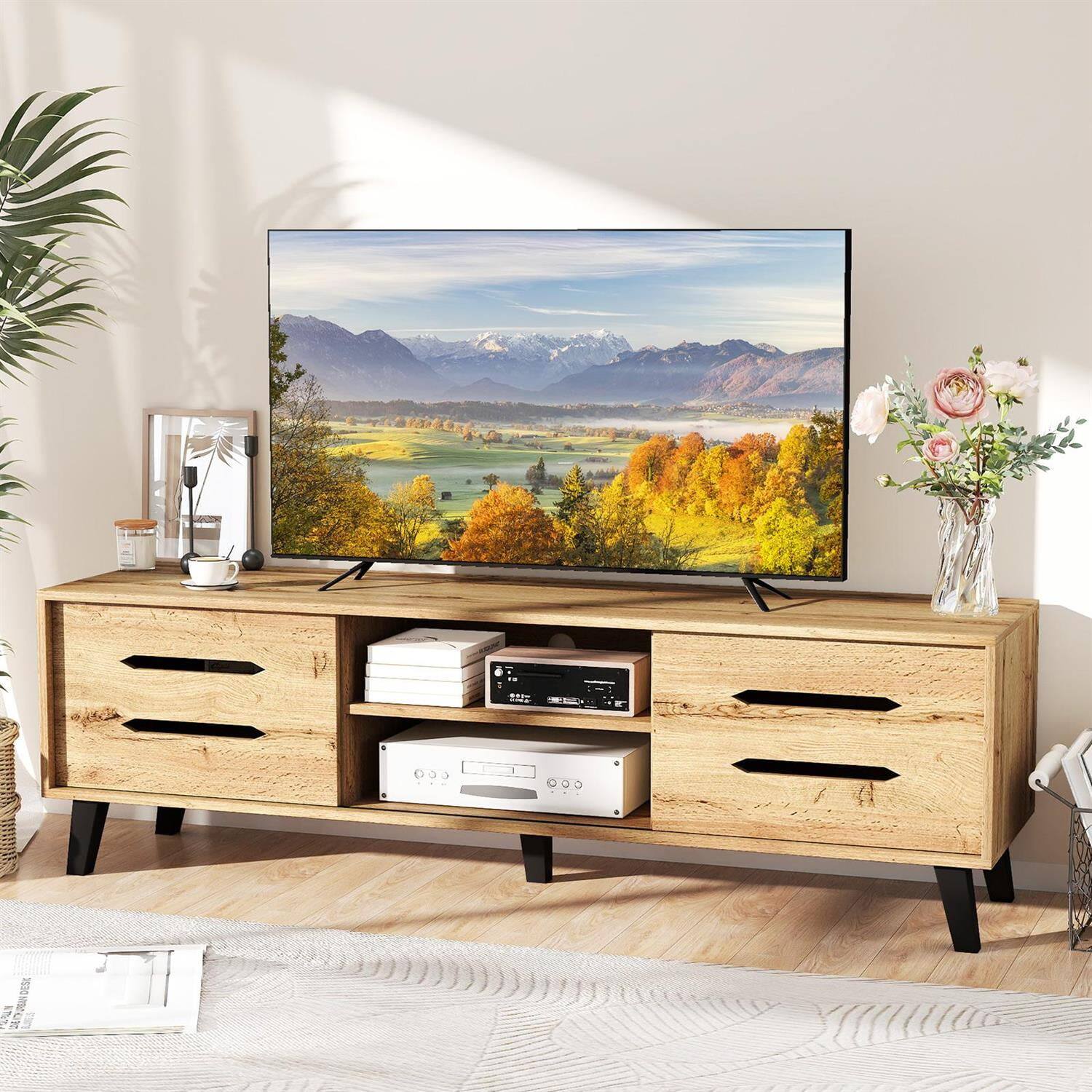 Alt View 2. Pefilos - Mid-Century Modern TV Stand, 65" TV Compatible, Sliding Doors & Cable Management Hole, Natural (Brown) TV Cabinet - Brown.