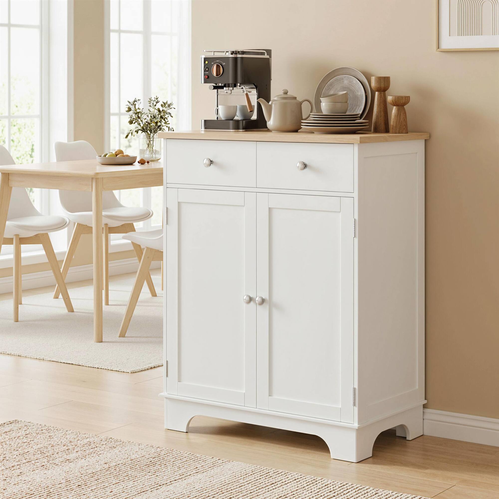 Alt View 1. Homcom - Storage Cabinet, Sideboard Floor Cupboard with Solid Wood Top, Adjustable Shelf - White.