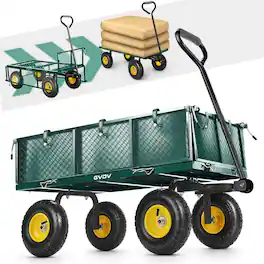 GVDV - Heavy Duty Steel Garden Cart with Liner, 40x 20in, 660lbs Capacity, 10in Wheels, Utility Cart Outdoor - Black & Green