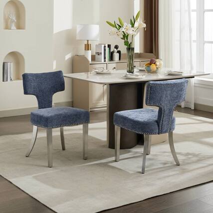 Front. GOODSILO - Modern Upholstered Dining Chairs Set of 2 with Curved Backrest and Stainless Steel Legs - Blue.