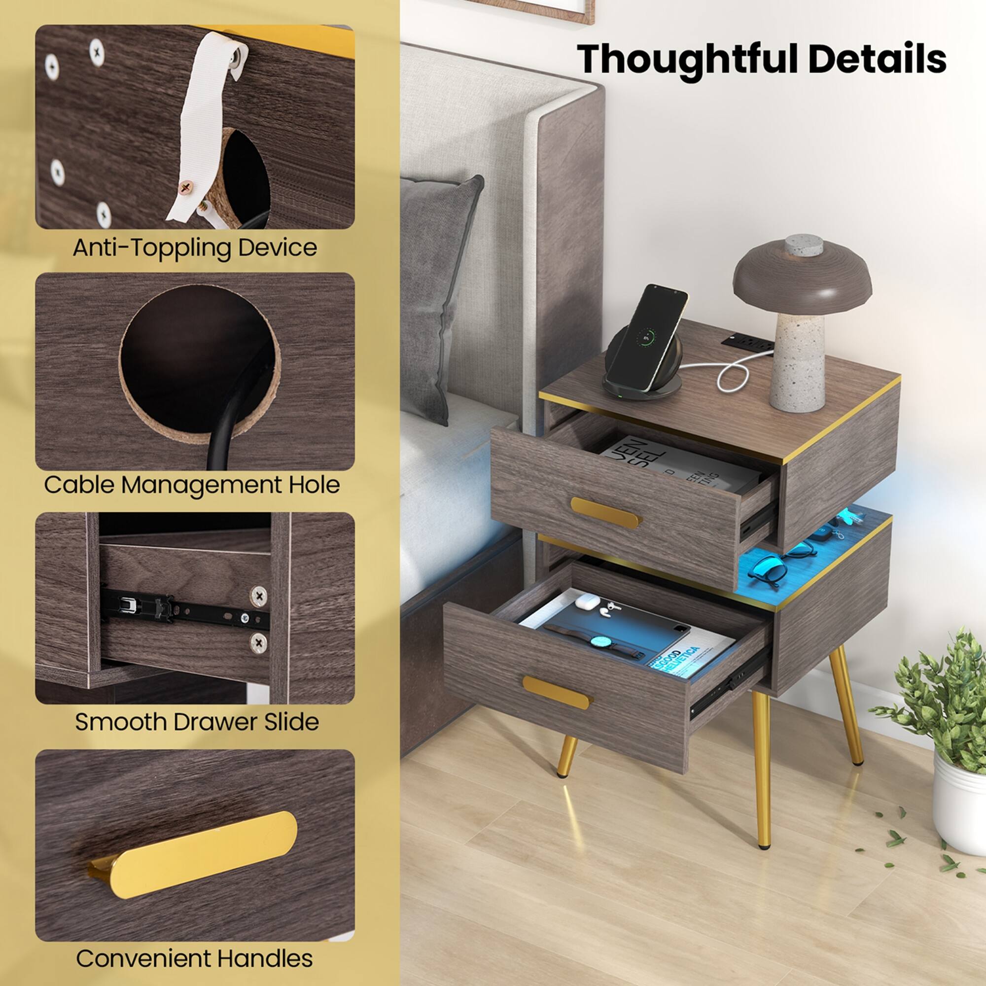 Thoughtful Details: Anti-Toppling Device, Cable Management Hole, Smooth Drawer Slide, Convenient Handles.
