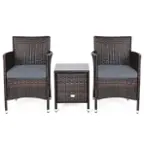 Front. Costway - Outdoor 3 PCS PE Rattan Wicker Furniture Sets Chairs  Coffee Table Garden - Gray.