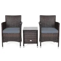 Costway Outdoor 3 PCS PE Rattan Wicker Furniture Sets Chairs  Coffee Table Garden - Gray - Front_Zoom