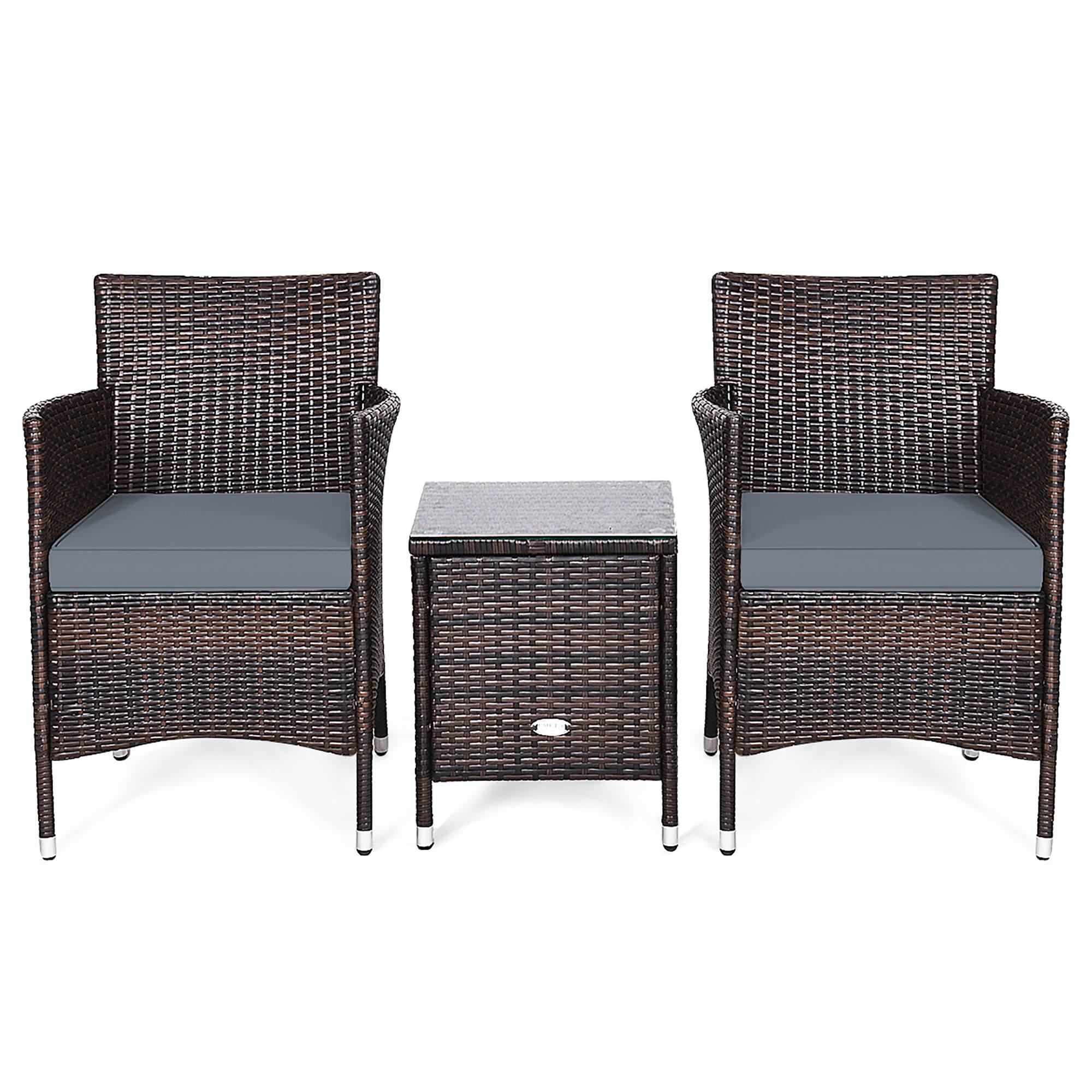 Front. Costway - Outdoor 3 PCS PE Rattan Wicker Furniture Sets Chairs Coffee Table Garden - Gray.