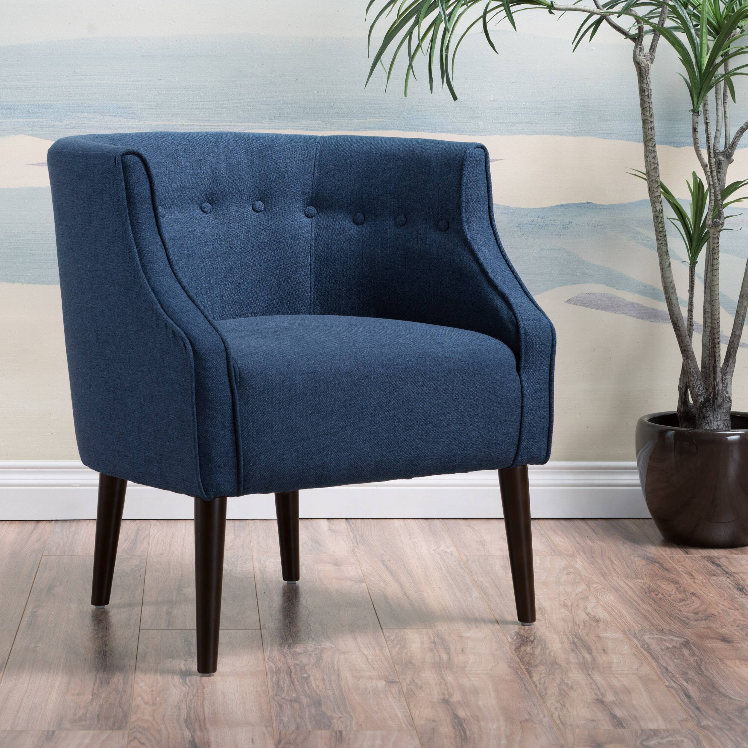 Back. APRILSOUL - Contemporary Upholstered Club Chair with Button Tufting in Navy Blue Fabric and Birch Wood Legs - Navy.