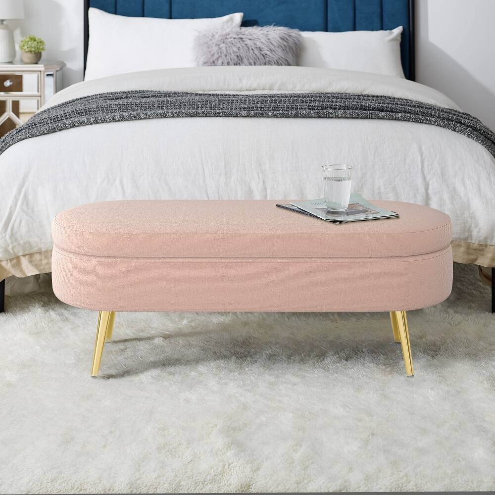 Back. Ropilly - Ropilly Pink Oval Storage Bench Flannel Upholstered Ottoman with Metal Legs - Pink.