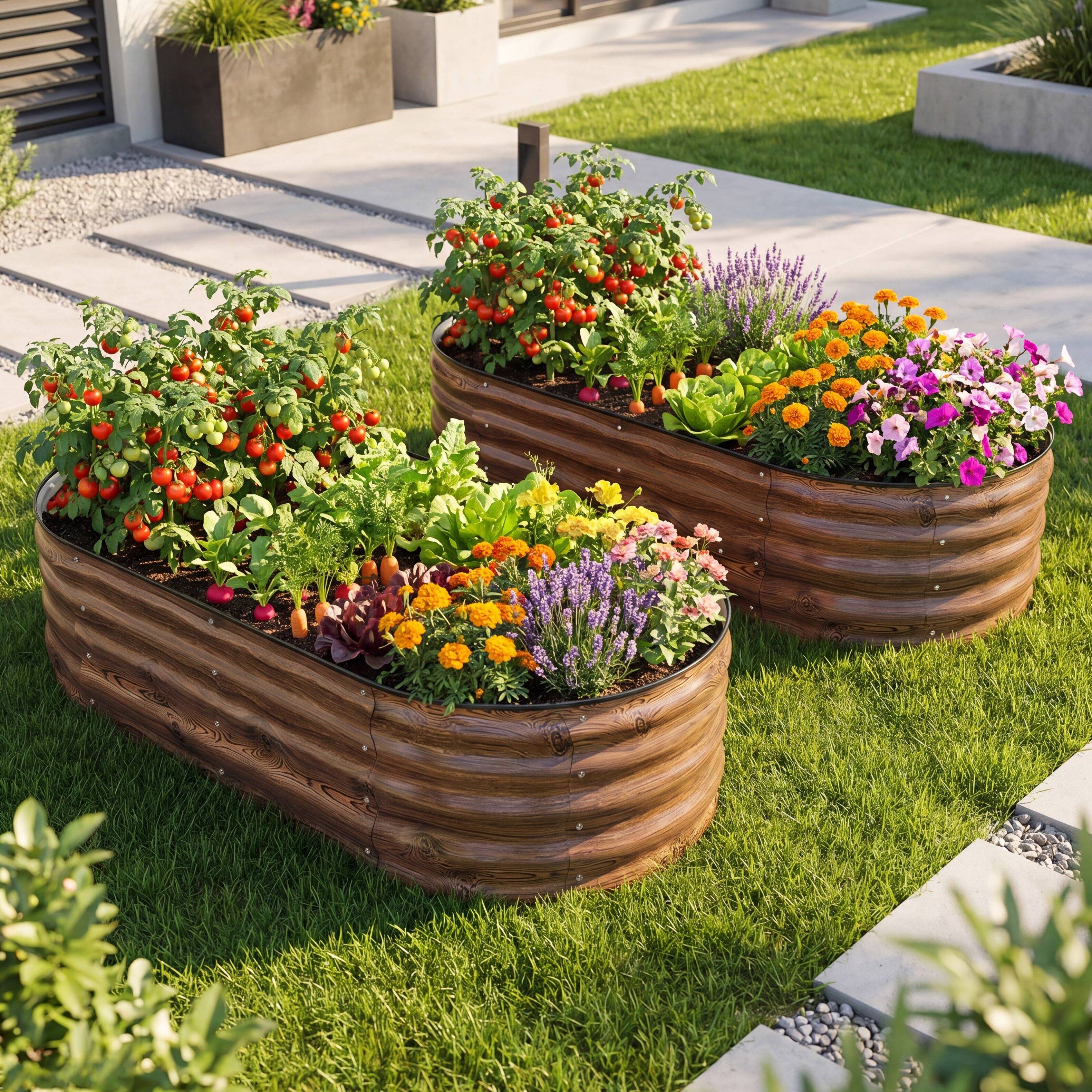 Back. Nuu Garden - Galvanized 4x2x1ft Planter Garden Box Outdoor, Oval Raised Garden Bed - Brown (2 PCS).