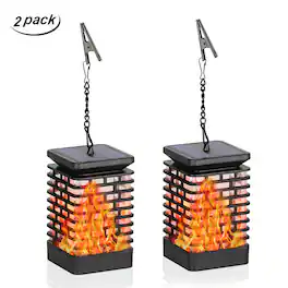 Oumilen - 2 Pack Solar Hanging Flame Lantern Lights – IP65 Waterproof Flickering Realistic Flame LED Lamp for Garden