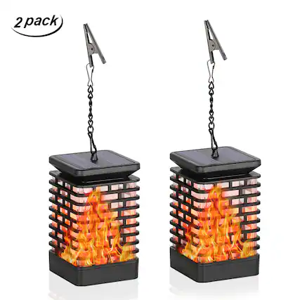 Front. Oumilen - 2 Pack Solar Hanging Flame Lantern Lights – IP65 Waterproof Flickering Realistic Flame LED Lamp for Garden.