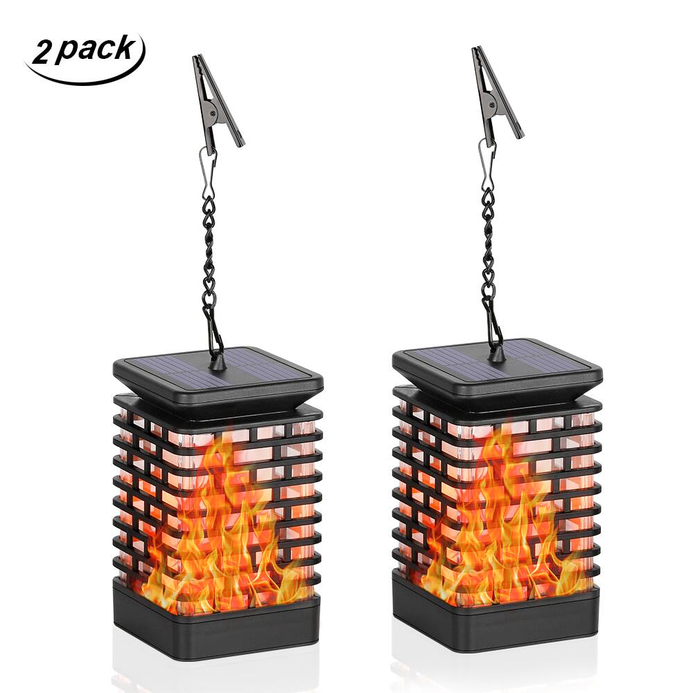 Oumilen - 2 Pack Solar Hanging Flame Lantern Lights – IP65 Waterproof Flickering Realistic Flame LED Lamp for Garden