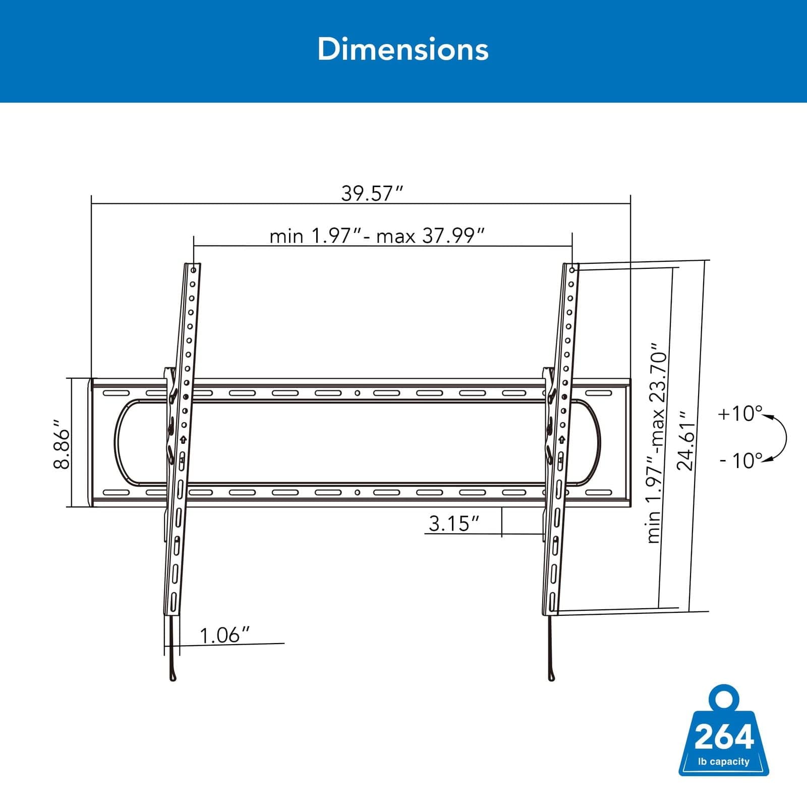 Dimensions: 39.57" x 37.99", min 1.97" - max 37.99", 8.86", 3.15", 23.70", 23.70" max, 24.61" min, +10 - 10, 1.06", 264 lb capacity