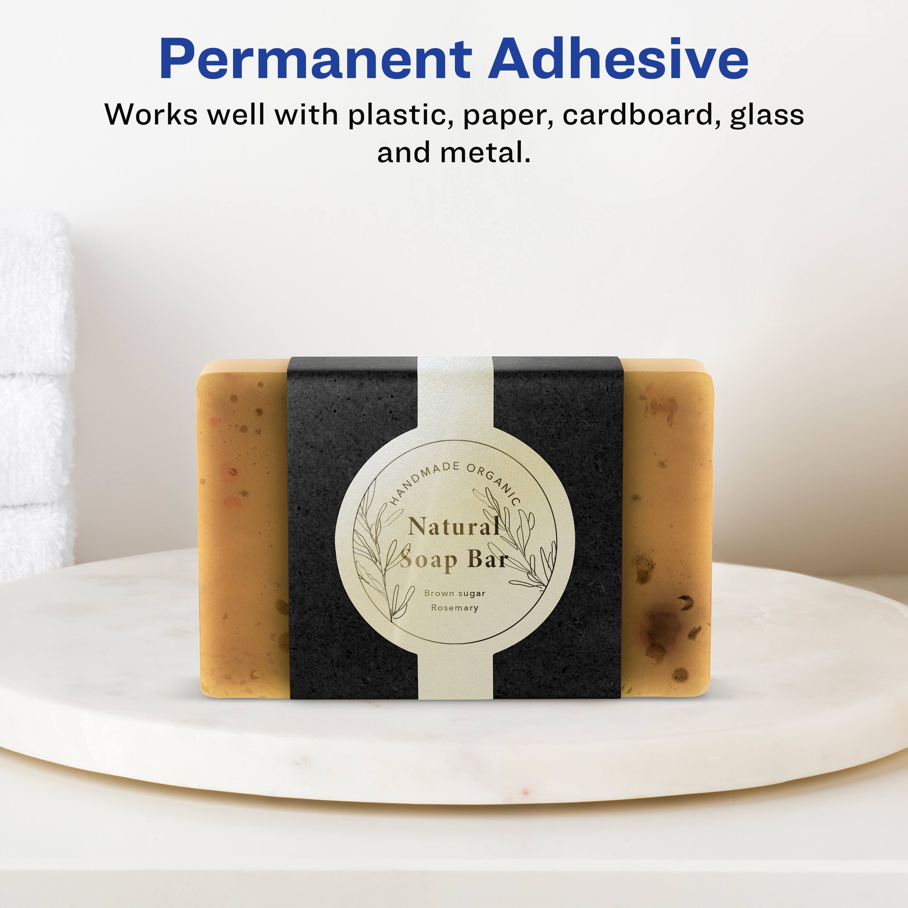 Permanent Adhesive  
Works well with plastic, paper, cardboard, glass and metal.

HANDMADE ORGANIC  
Natural Soap Bar  
Brown sugar Rosemary