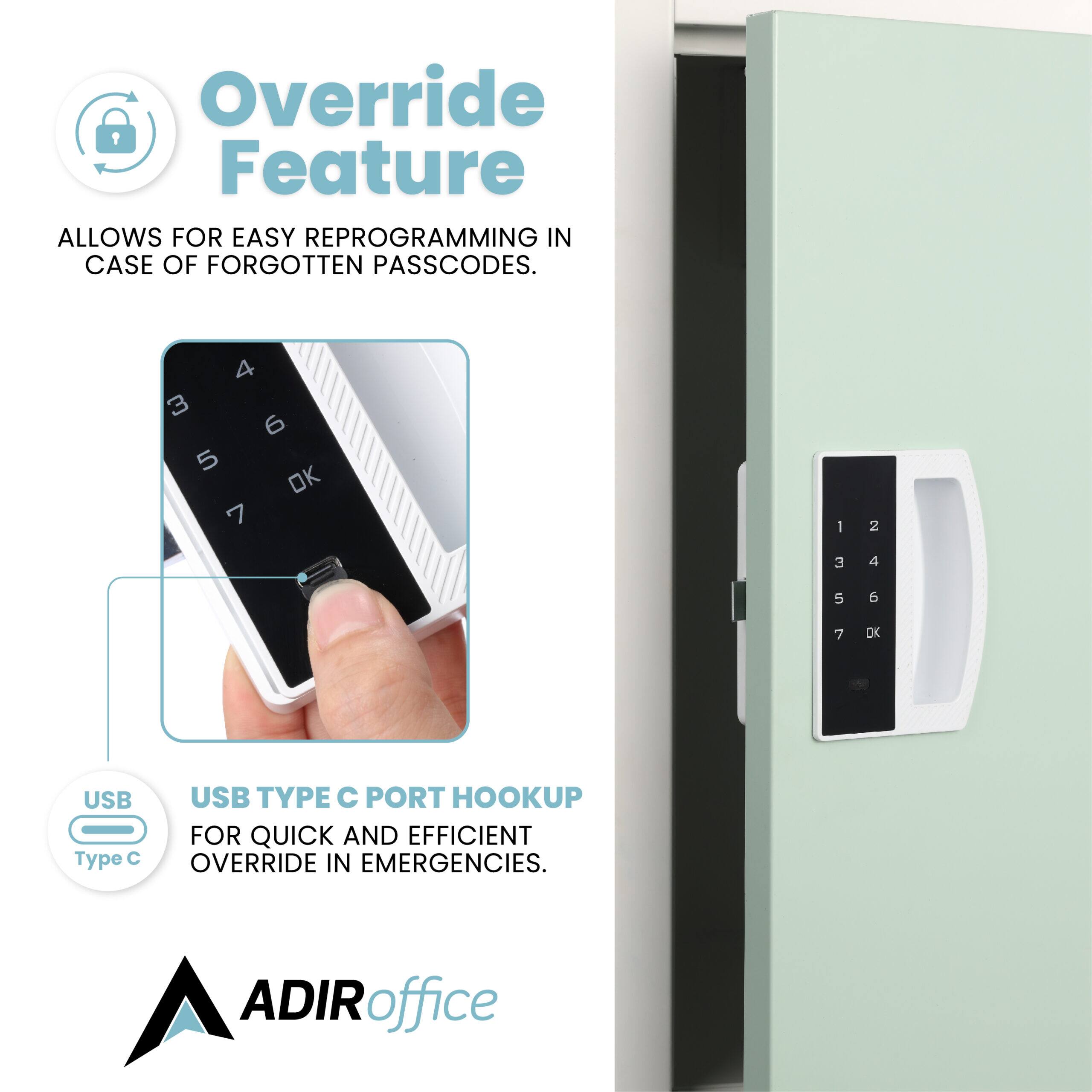 Override Feature: Allows for easy reprogramming in case of forgotten passcodes. USB Type C port hookup for quick and efficient override in emergencies. ADIRoffice