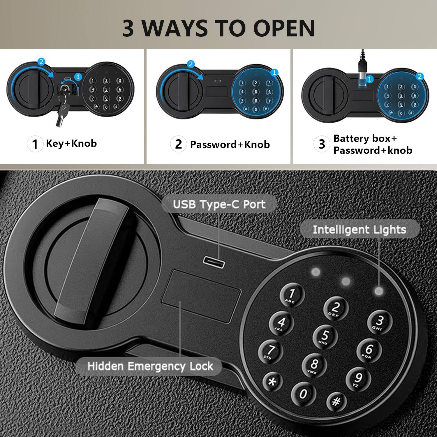 3 WAYS TO OPEN

1. Key+Knob
2. Password+Knob
3. Battery box+Password+Knob

USB Type-C Port
Intelligent Lights
Hidden Emergency Lock

1 ABC
2 DEF
3 GHI
4 JKL
5 MNO
6 PQR
7 STU
8 VWX
9 YZ
* 0 #
