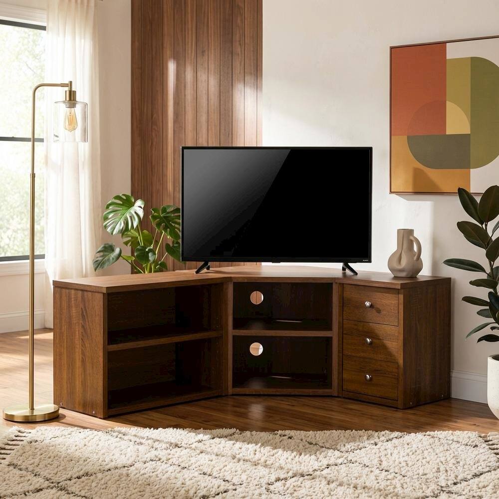 Alt View 1. FurniFact - Wooden TV Stand with Open Shelves in Warm Walnut Finish for Modern Living Room - Gray.