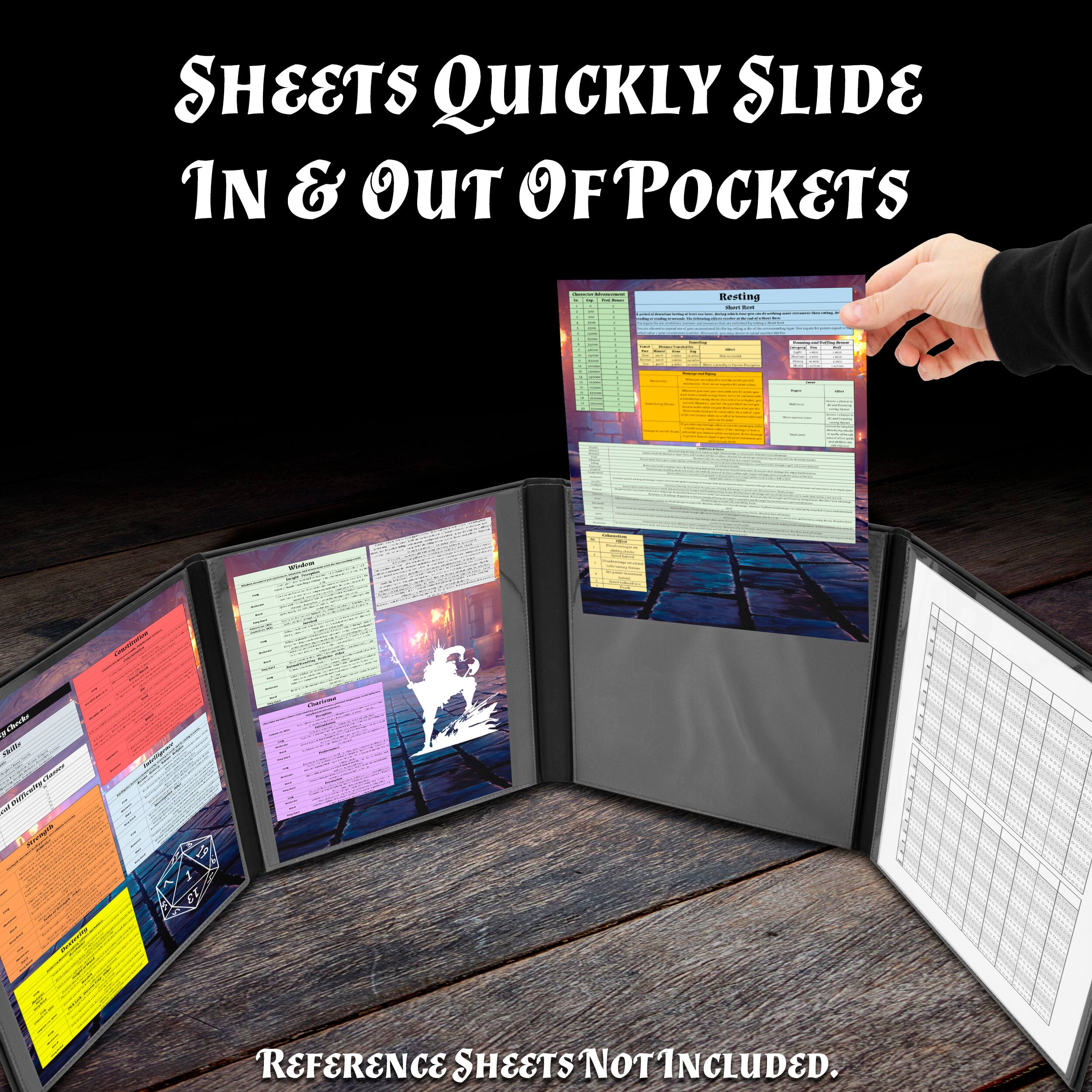 Sheets quickly slide in & out of pockets. Reference sheets not included.