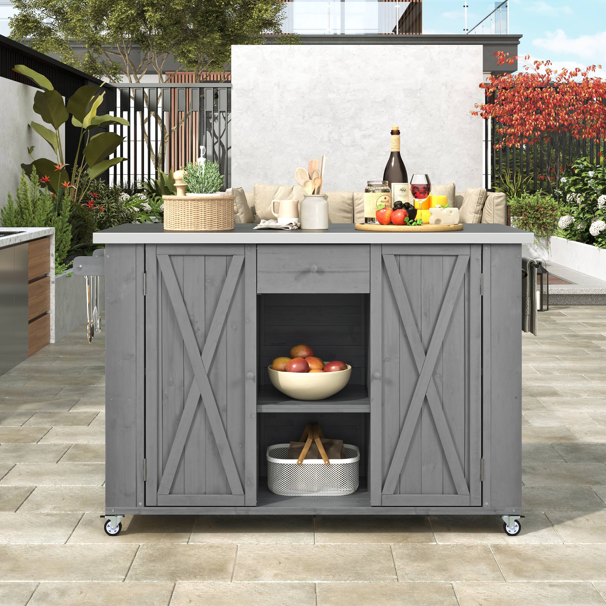 Angle. Mondawe - Fir Wood Outdoor Kitchen Island with Stainless Steel Top, Towel and Spice Racks and a Bottle Opener - Grey.