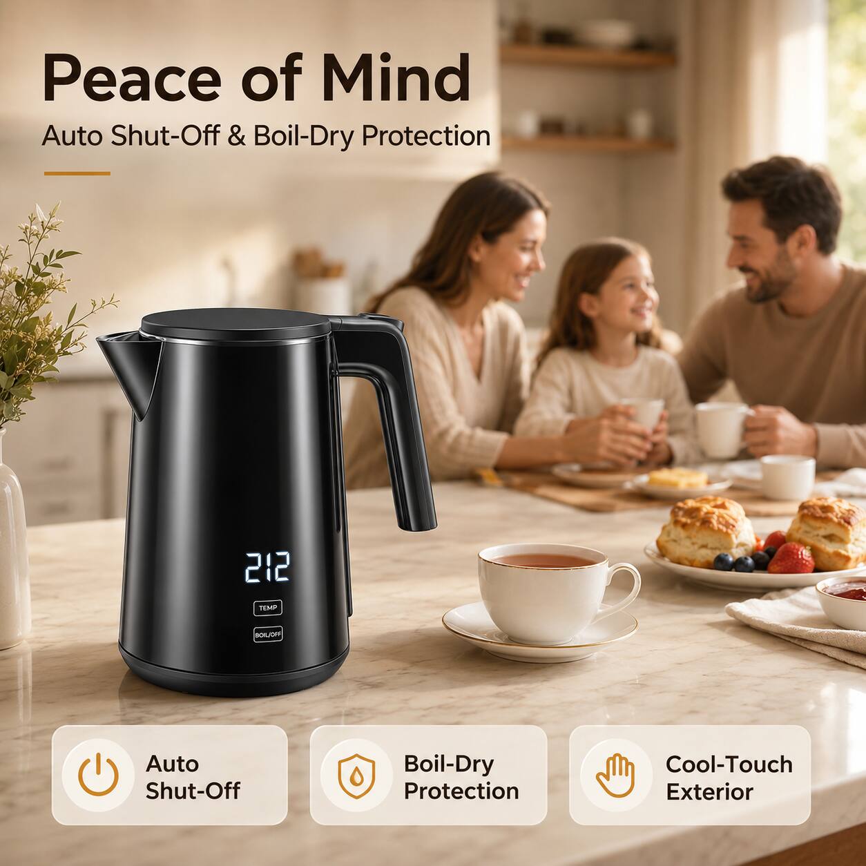 Peace of Mind  
Auto Shut-Off & Boil-Dry Protection

212  
TEMP  
BOIL/OFF

Auto Shut-Off  
Boil-Dry Protection  
Cool-Touch Exterior