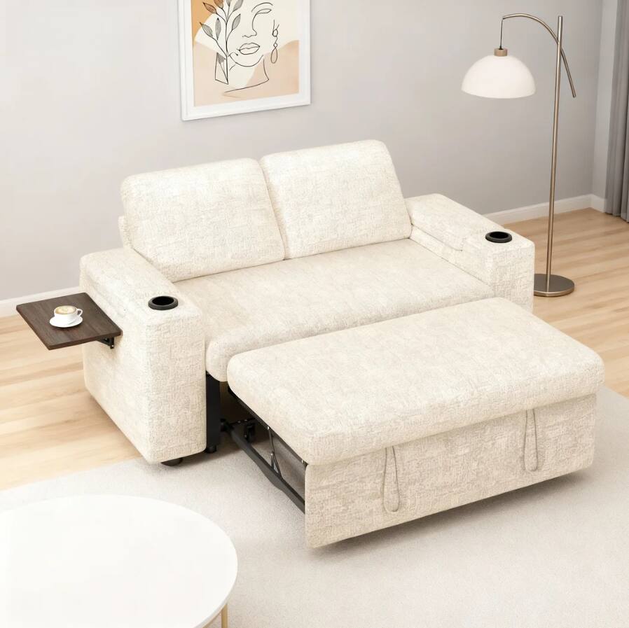 Dyonery - 65" Chenille 3-in-1 Convertible Sofa Bed with Reclining Backrest|USB Ports|Cup Holders|Side Table|Storage Armrests - Beige