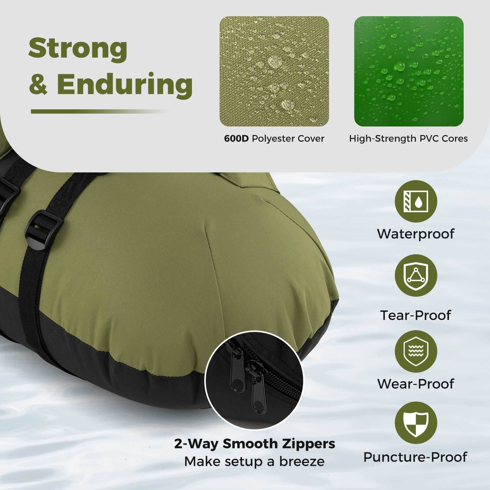 Strong & Enduring

600D Polyester Cover
High-Strength PVC Cores

Waterproof
Tear-Proof
Wear-Proof
Puncture-Proof

2-Way Smooth Zippers
Make setup a breeze