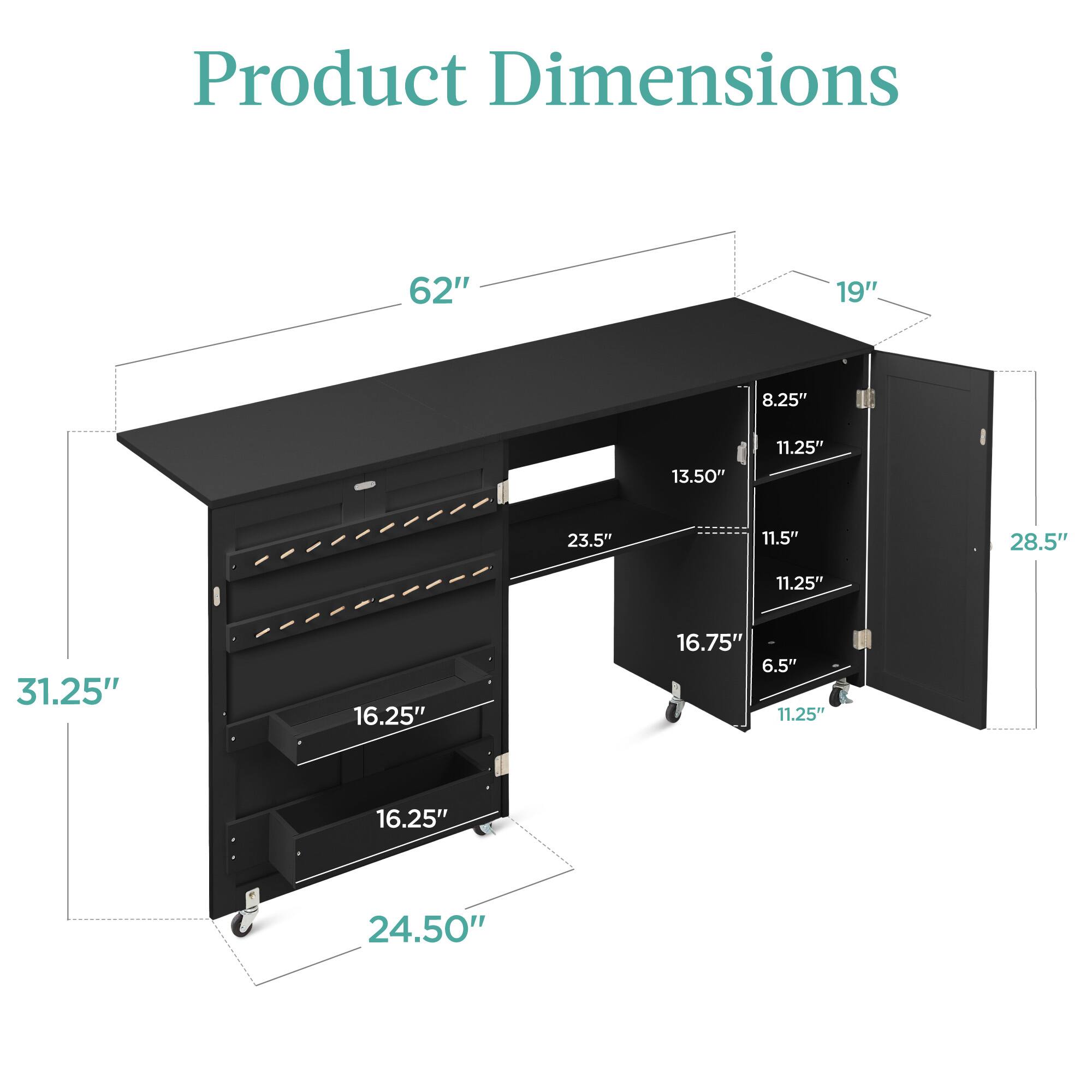 Product Dimensions

- Width: 62"
- Depth: 19"
- Height: 31.25"
- Drawer 1: 13.50" x 23.5" x 11.5"
- Drawer 2: 16.25" x 23.5" x 11.5"
- Drawer 3: 16.25" x 23.5" x 11.5"
- Cabinet Height: 28.5"
- Cabinet Width: 8.25"
- Cabinet Depth: 11.25"
- Bottom Shelf: 16.75" x 11.25" x 6.5"
- Overall Height: 24.50"