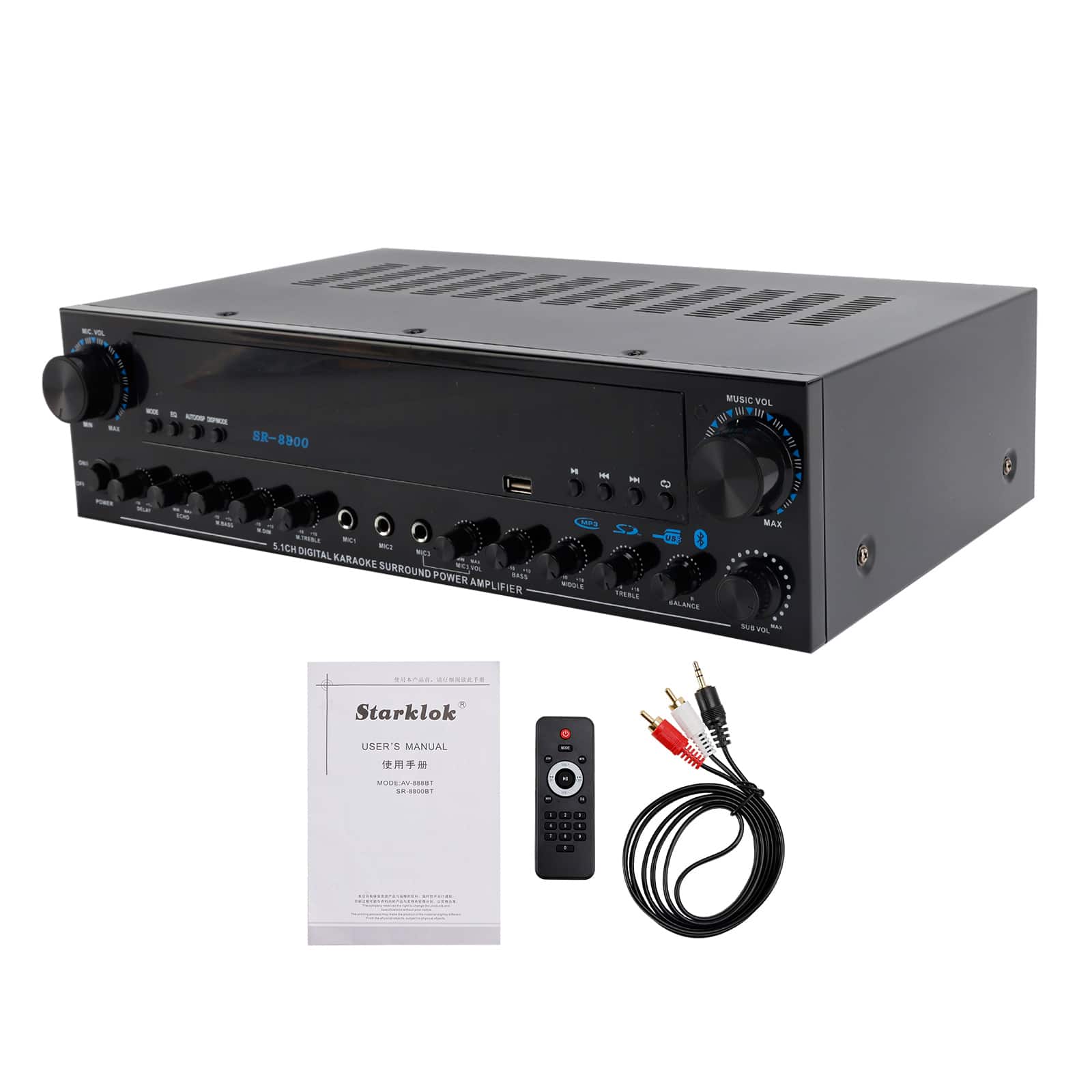 Topteng - 3600W Peak 5.1CH HiFi Bluetooth Amplifier – Fiber Coaxial, USB/SD, 3 Mics inputs, Fit for Home Theater & Party - Black