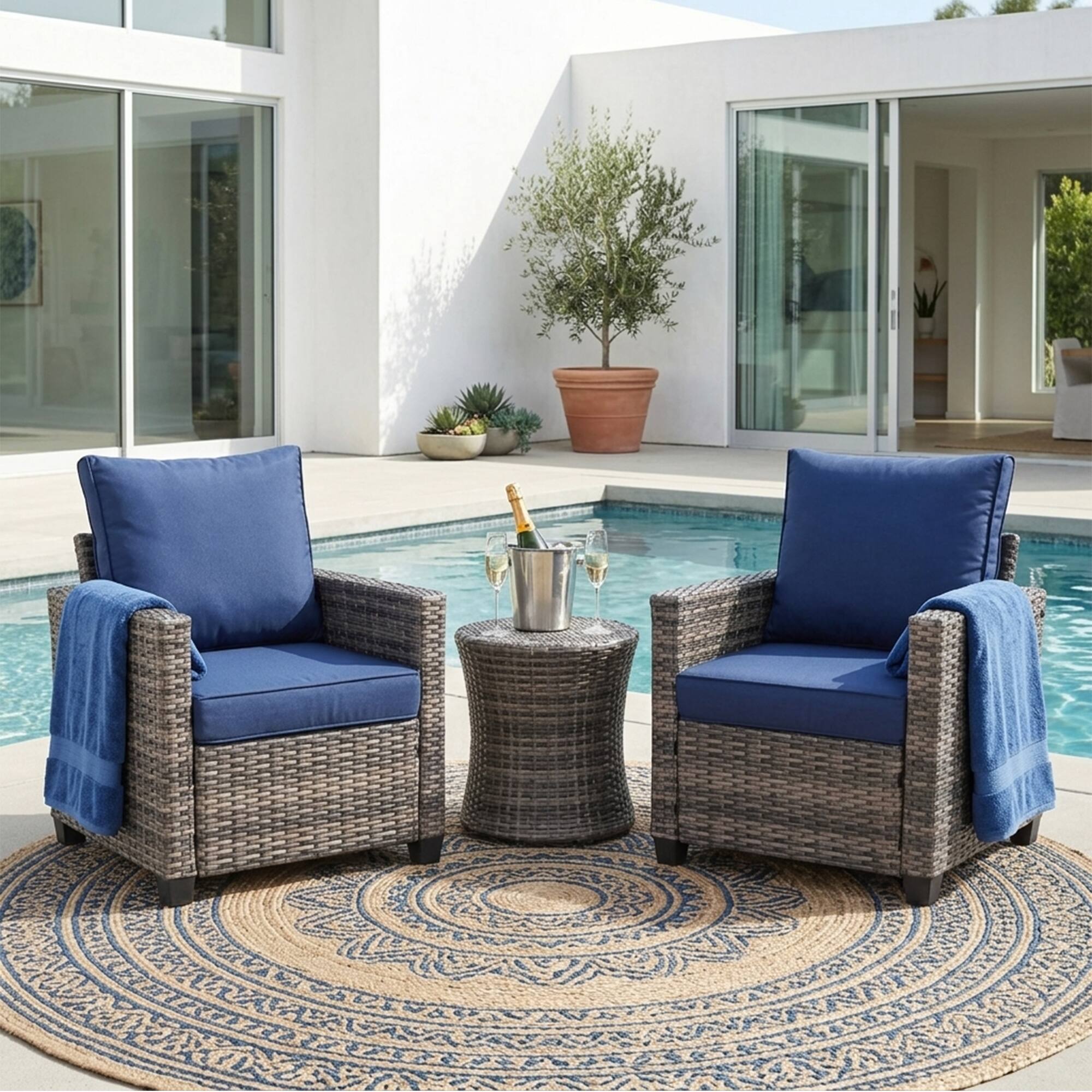 Back. Yardgrace - 2 Pcs Patio Chairs, Outdoor Rattan Wicker High Back Chairs with Comfortable Cushions, All Weather for Porch Deck - Navy blue.