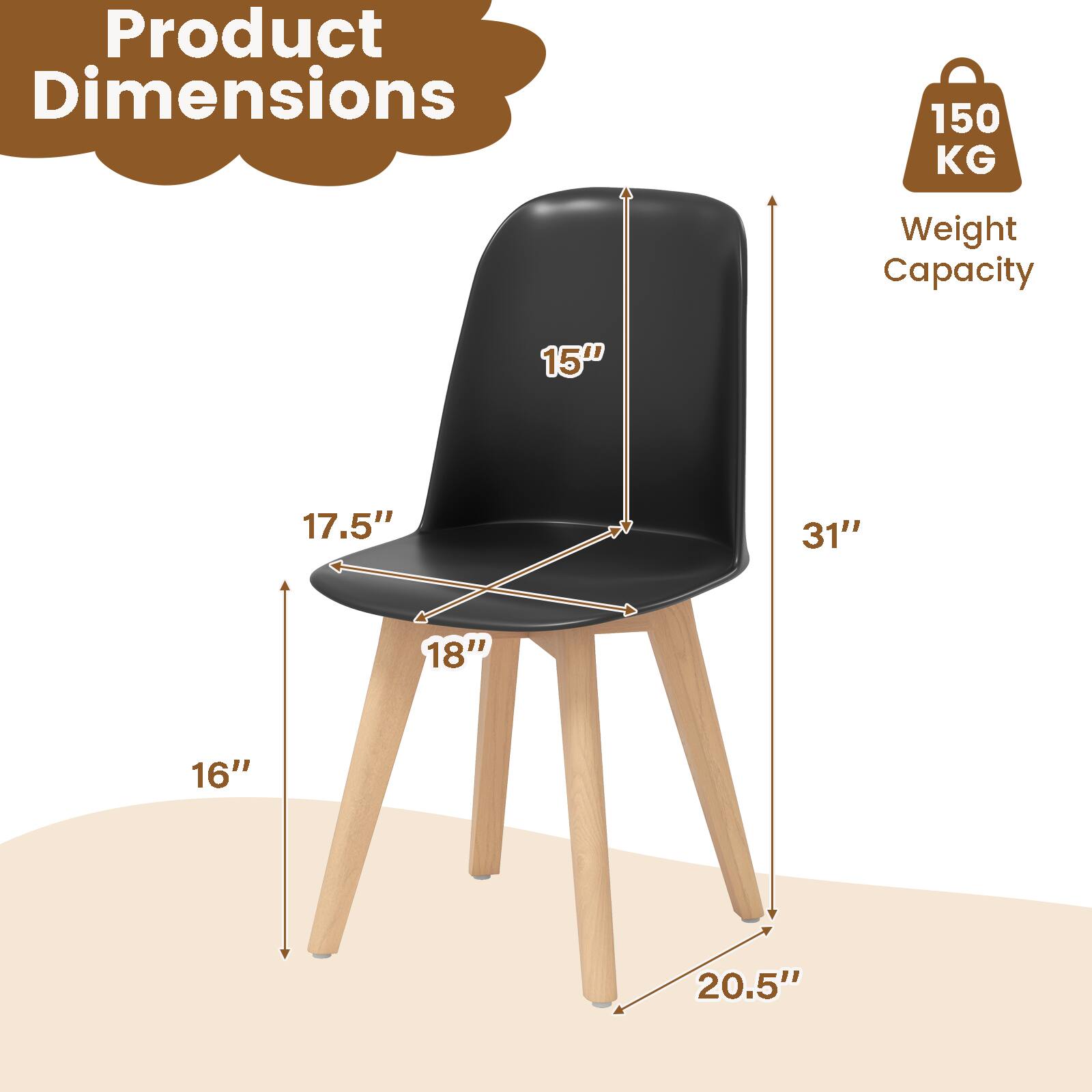 Product Dimensions  
15" x 17.5" x 18" x 16" x 31" x 20.5"  
Weight Capacity: 150 KG