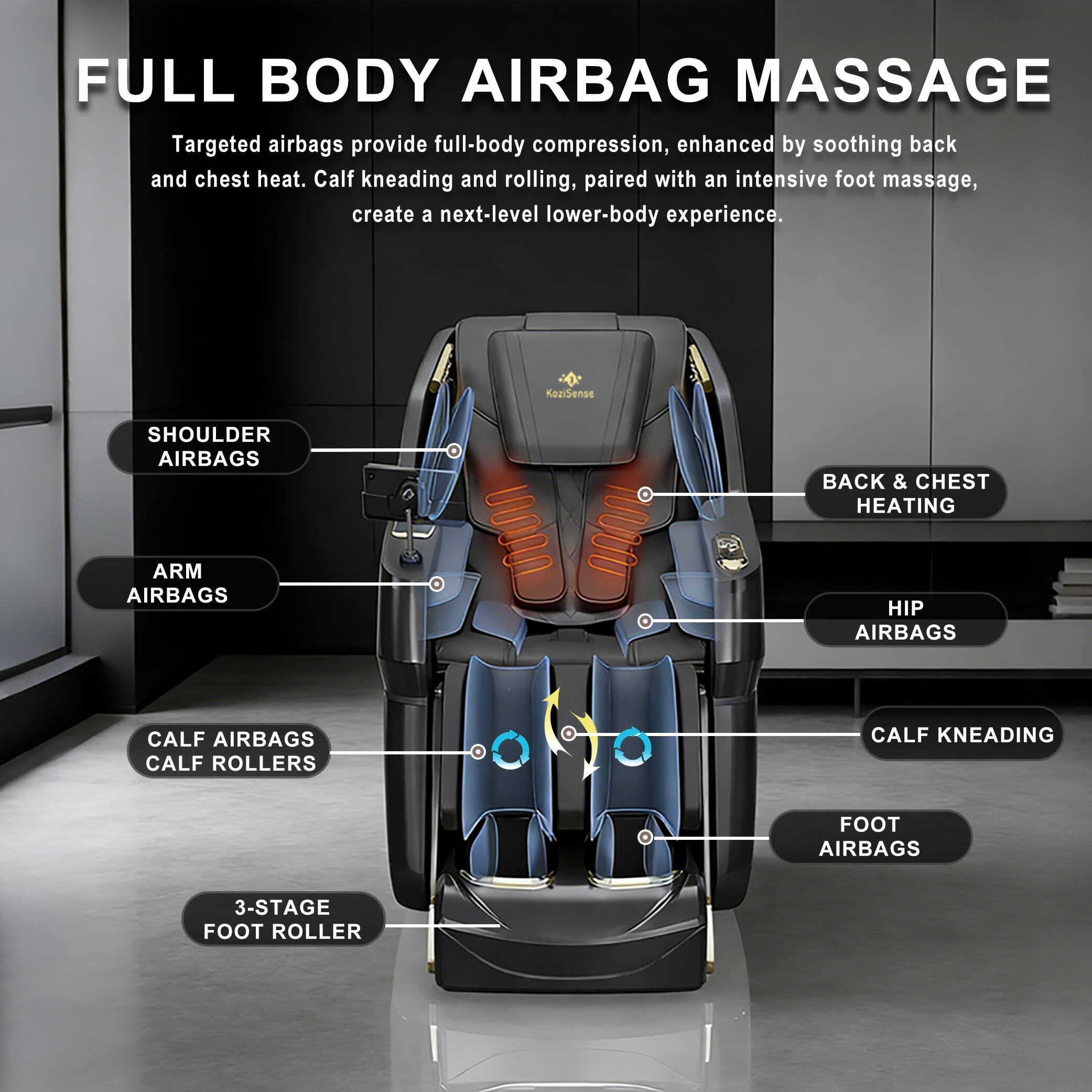FULL BODY AIRBAG MASSAGE

Targeted airbags provide full-body compression, enhanced by soothing back and chest heat. Calf kneading and rolling, paired with an intensive foot massage, create a next-level lower-body experience.

- SHOULDER AIRBAGS
- ARM AIRBAGS
- BACK & CHEST HEATING
- HIP AIRBAGS
- CALF AIRBAGS
- CALF ROLLERS
- CALF KNEADING
- FOOT AIRBAGS
- 3-STAGE FOOT ROLLER