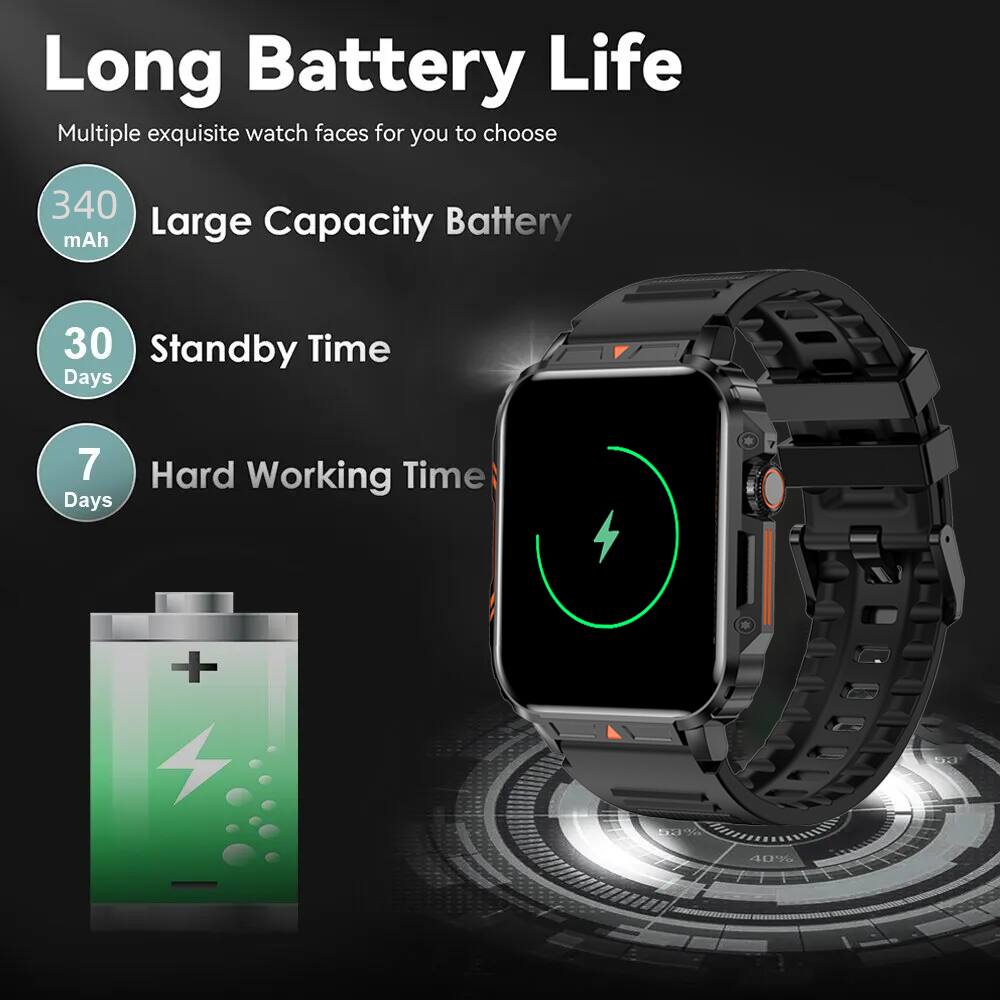 Long Battery Life  
Multiple exquisite watch faces for you to choose

340 mAh Large Capacity Battery  
30 Standby Time Days  
7 Hard Working Time Days  

53%  
40%
