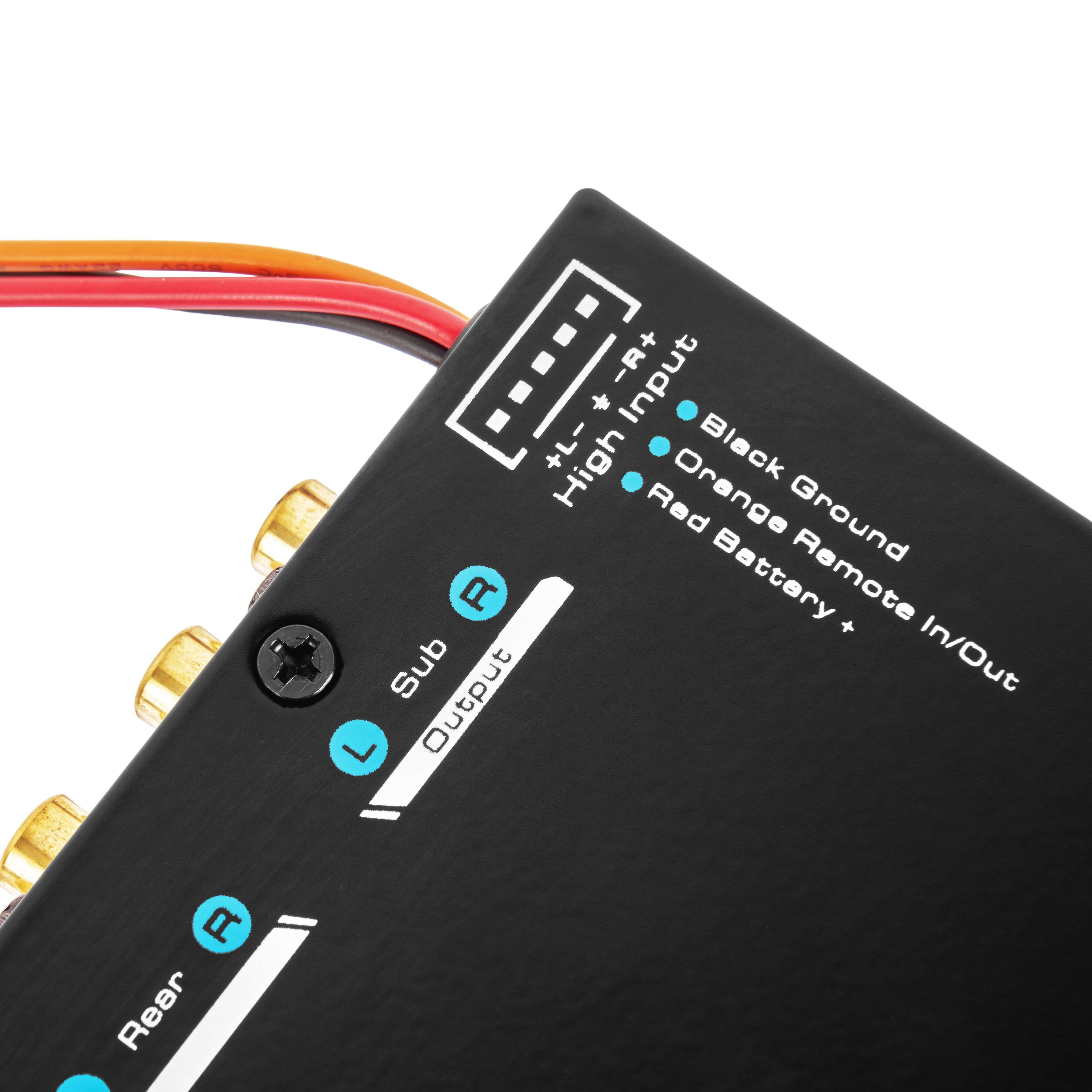 - R+ Input
- L- High
- Black Ground
- Orange Remote
- Red Battery +
- Sub In/Out
- Output
- Rear