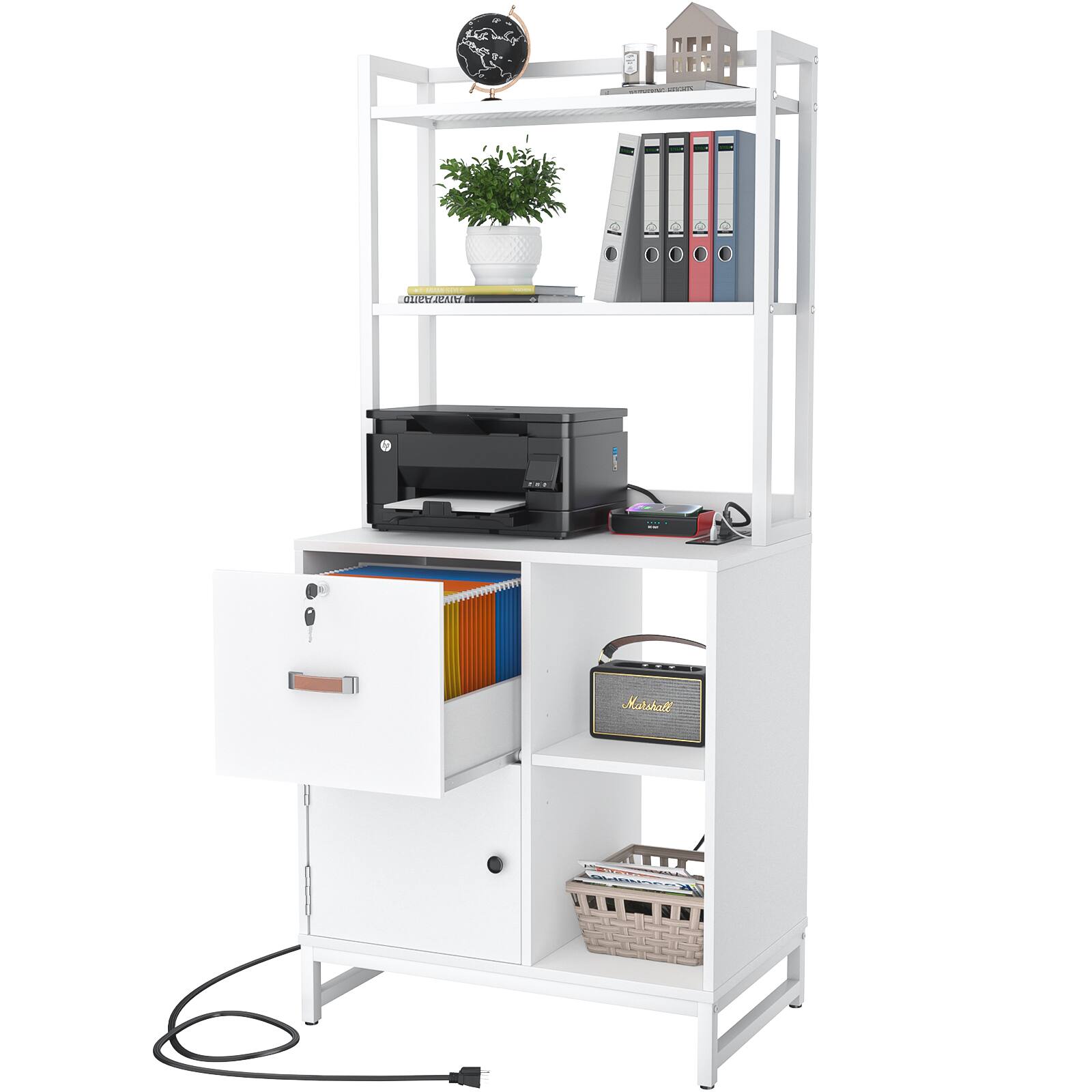 The text on the image reads:

- "Marshall" (on the Marshall speaker)
- "RTROAL" (on the printer)
- "HOTEL" (on the book spine)