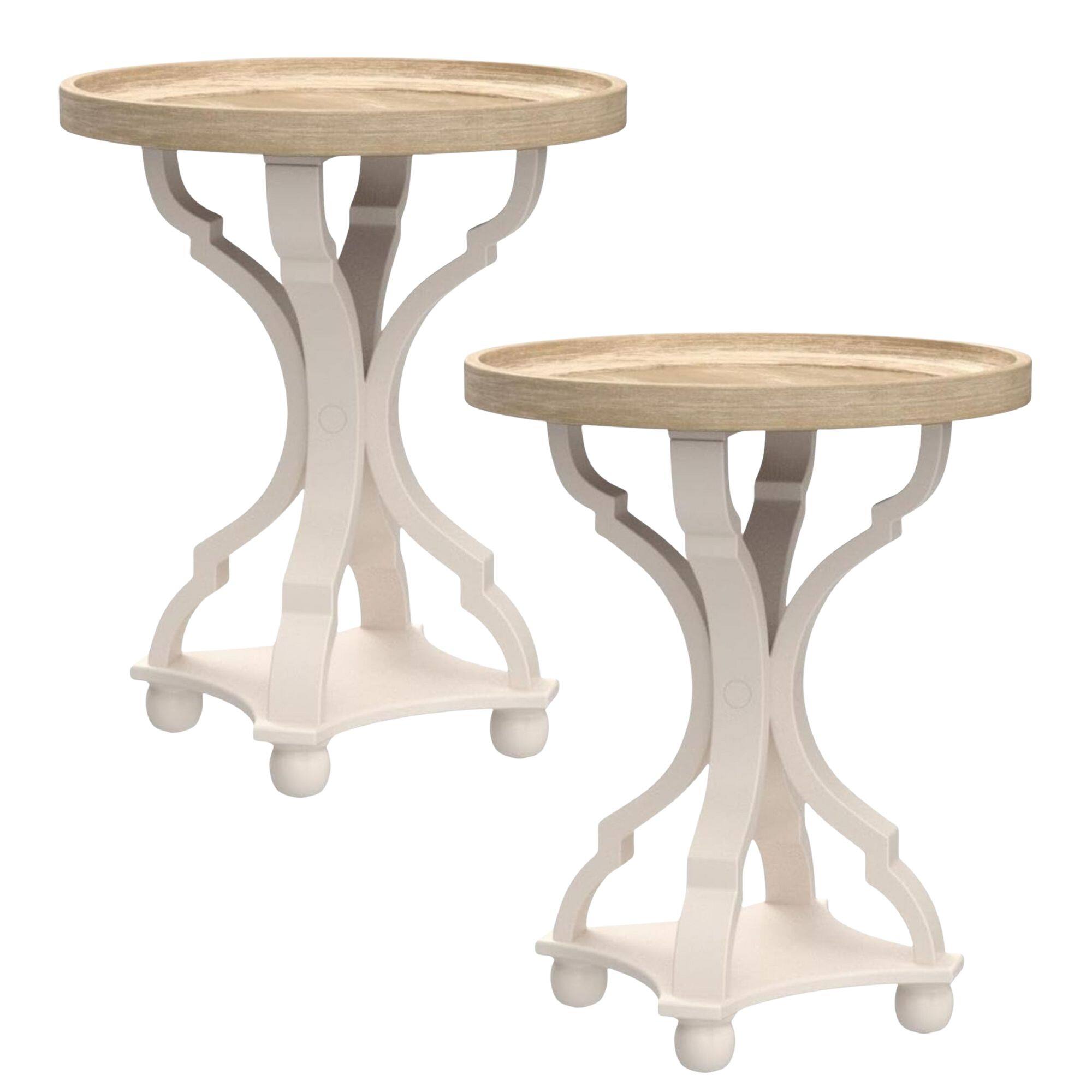 COZAYH - Round Rustic Wood Accent Tray Top Nightstand Side Table, White, Set of 2 - Wood, White