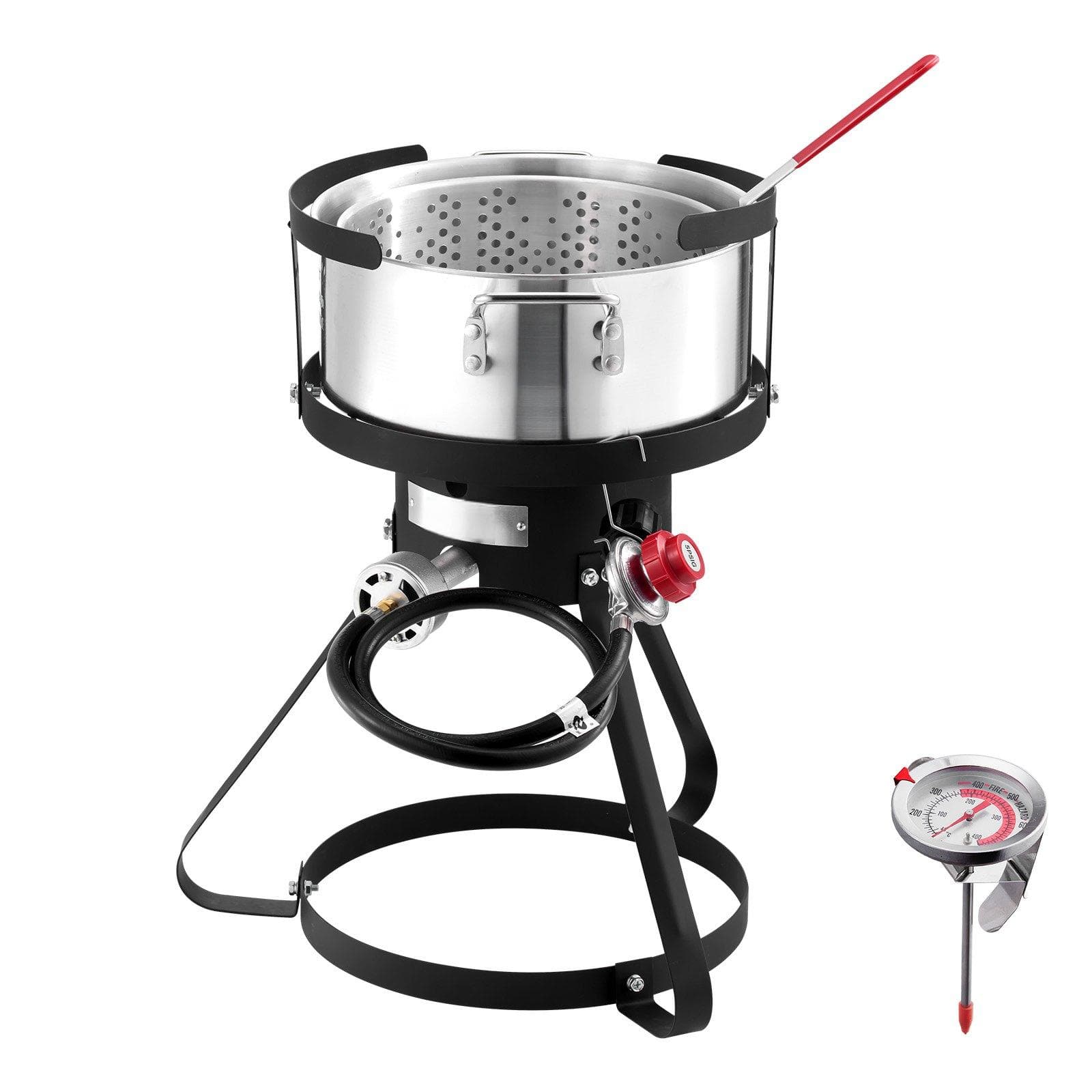 Glintex - Fish and Wing Fryer 10Qt Outdoor Propane Aluminum Pot with Basket Thermometer 54000 BTU Burner for Backyard Cooking - Black/Silver