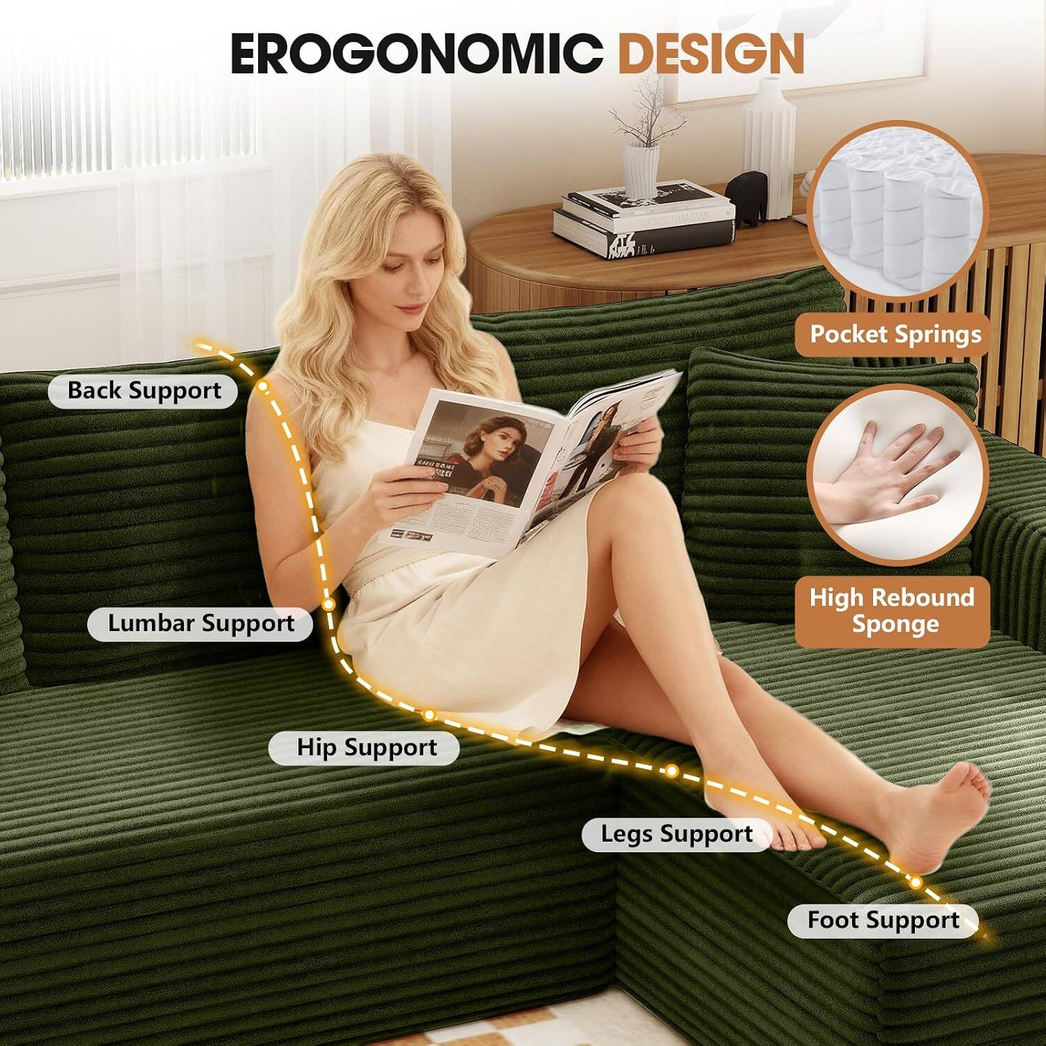EROGONOMIC DESIGN

- Pocket Springs
- Back Support
- Lumbar Support
- Hip Support
- Legs Support
- Foot Support

High Rebound Sponge