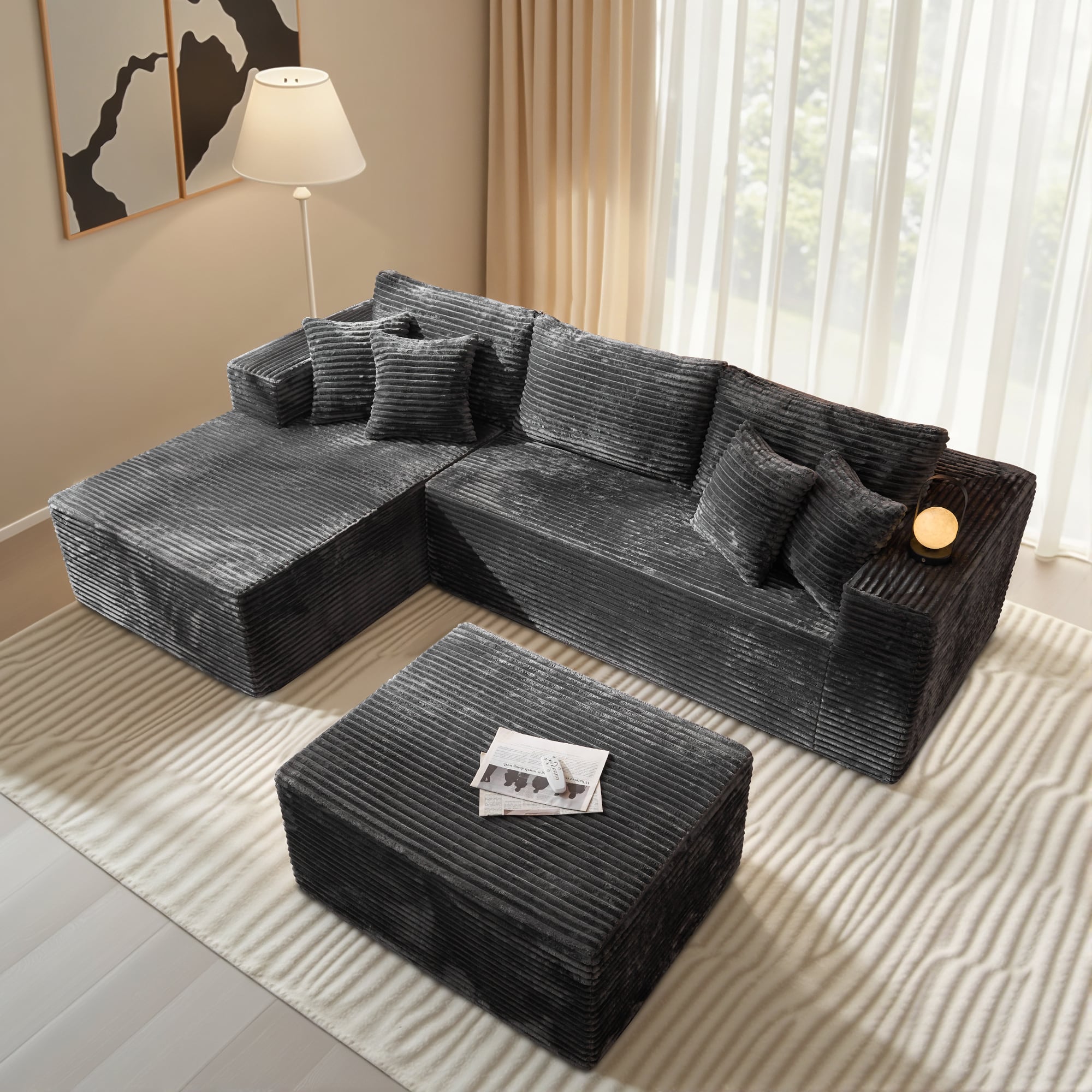 Ovios - 108" Plush Modular Sectional Sofa, L Shaped Couch with Chaise Lounge & Ottoman - Grey(Left Facing)