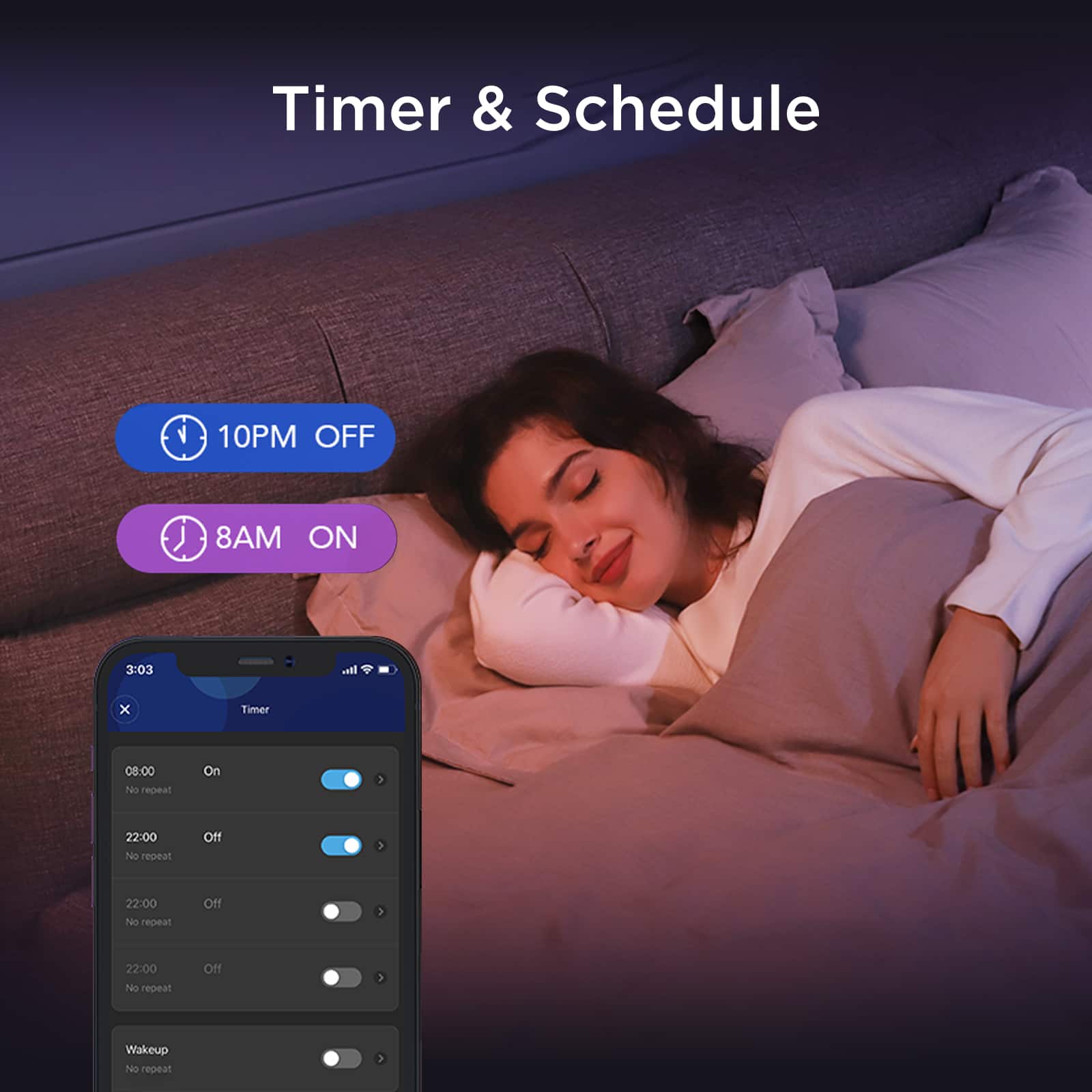 Timer & Schedule:
* 10PM OFF: 22:00 No repeat Off
* 8AM ON: 08:00 No repeat On
* 3:03 It's 22:00 No repeat Off
* Wakeup: 08:00 No repeat On