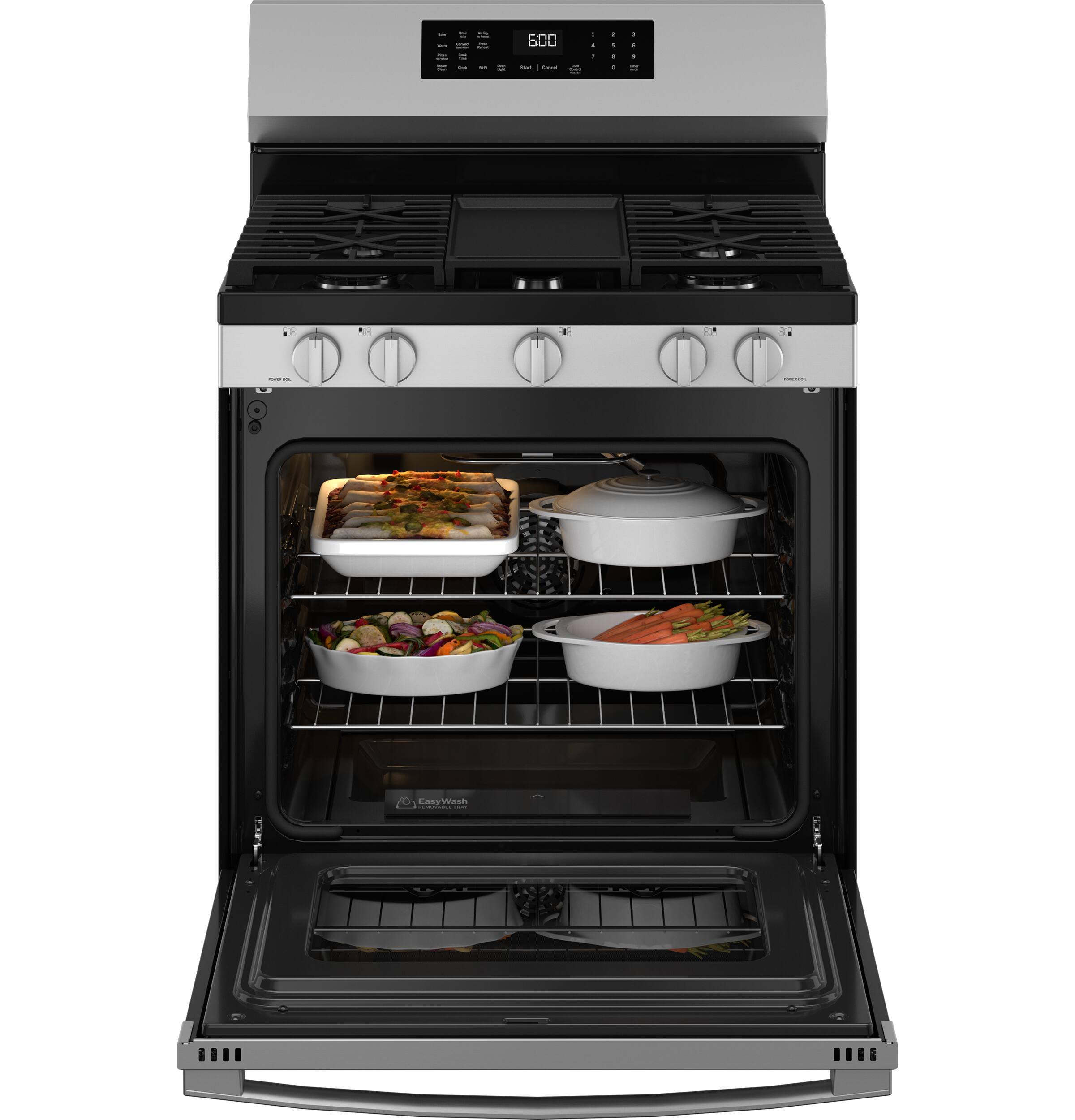 Alt View 20. GE - 5.3 Cu. Ft. Freestanding Gas Convection Range with Steam Cleaning and EasyWash Oven Tray - Stainless Steel.