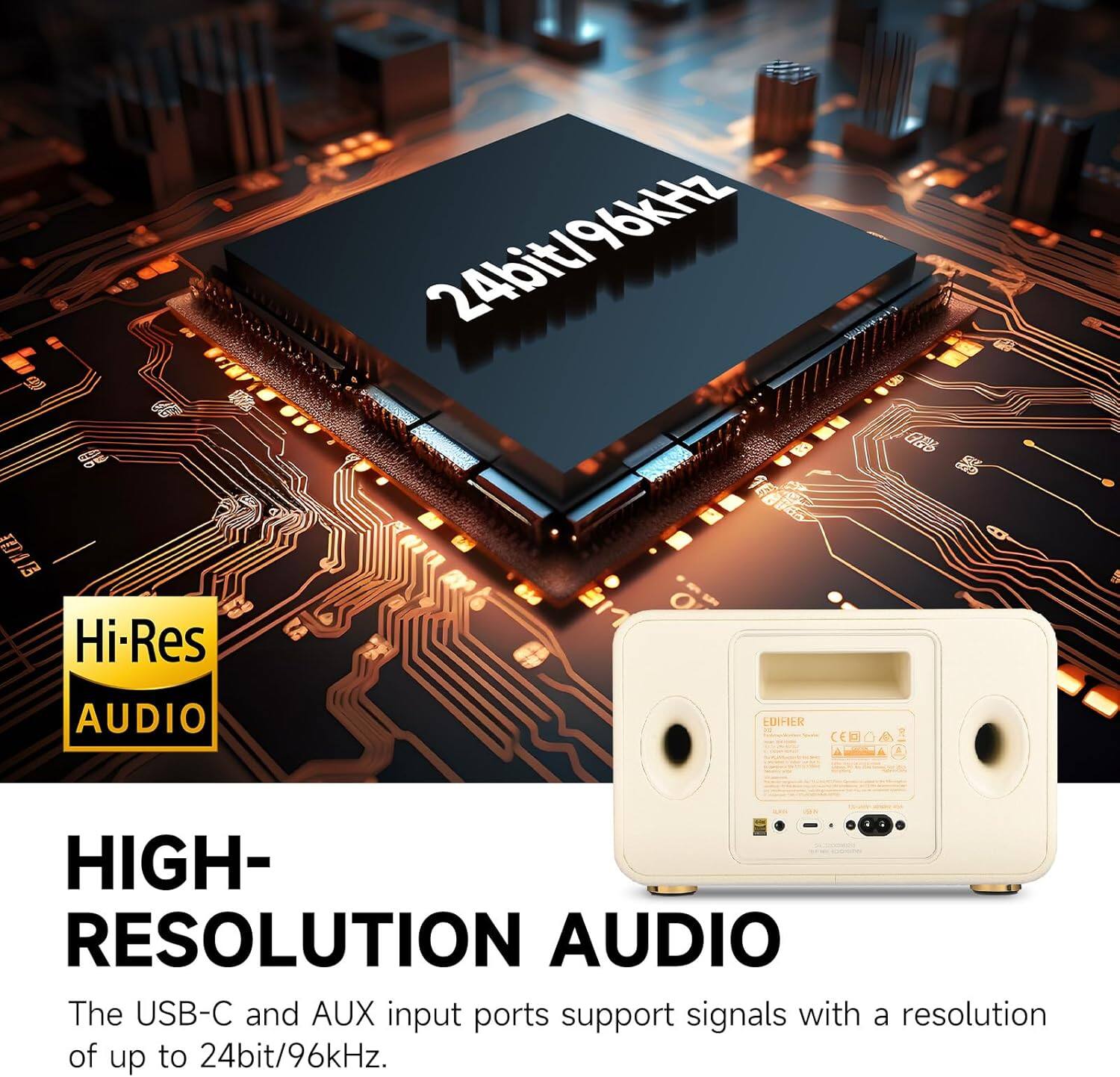The USB-C and AUX input ports support signals with a resolution of up to 24bit/96kHz.