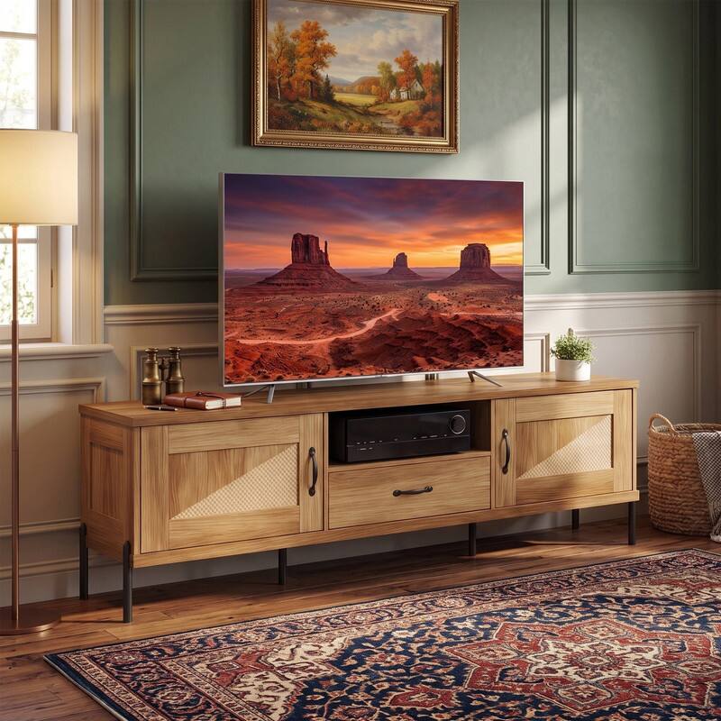 Angle. WELLFOR - Mid Century Modern  TV Stand for TVs up to 80", Rattan Media Console Table with 2 Door & Drawer - Natural.