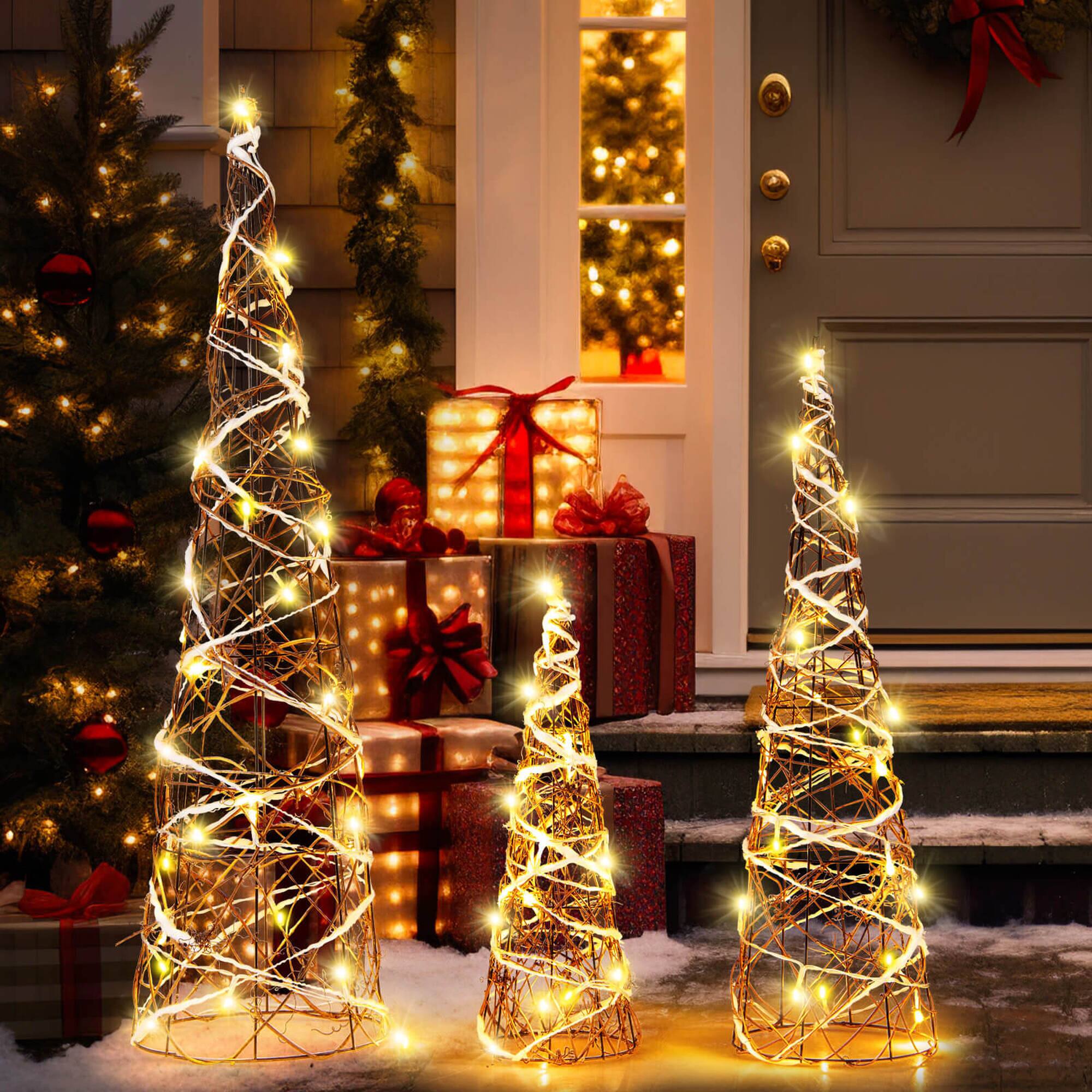Alt View 1. Costway - Costway 32" 24" 16" Set of 3 Lighted Rattan Cone Trees with LED Lights and Metal Frame - Brown.