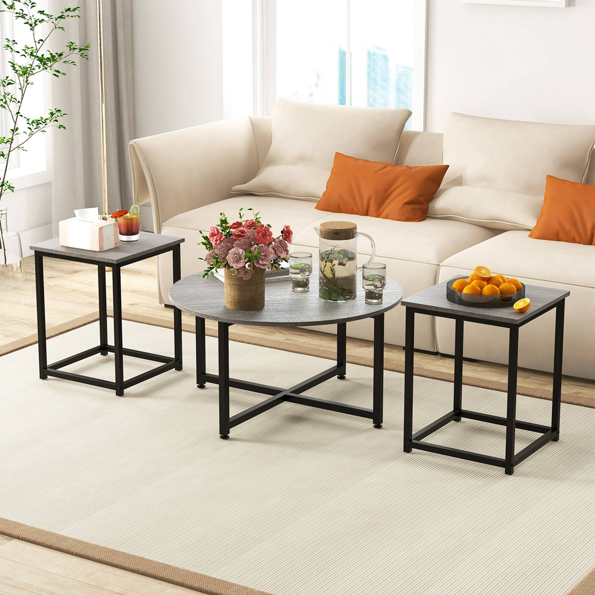 Alt View 1. Costway - Costway 3 PCS Coffee Table Set Round Coffee Table and 2 PCS Square End Tables Metal Frame Gray - Gray.