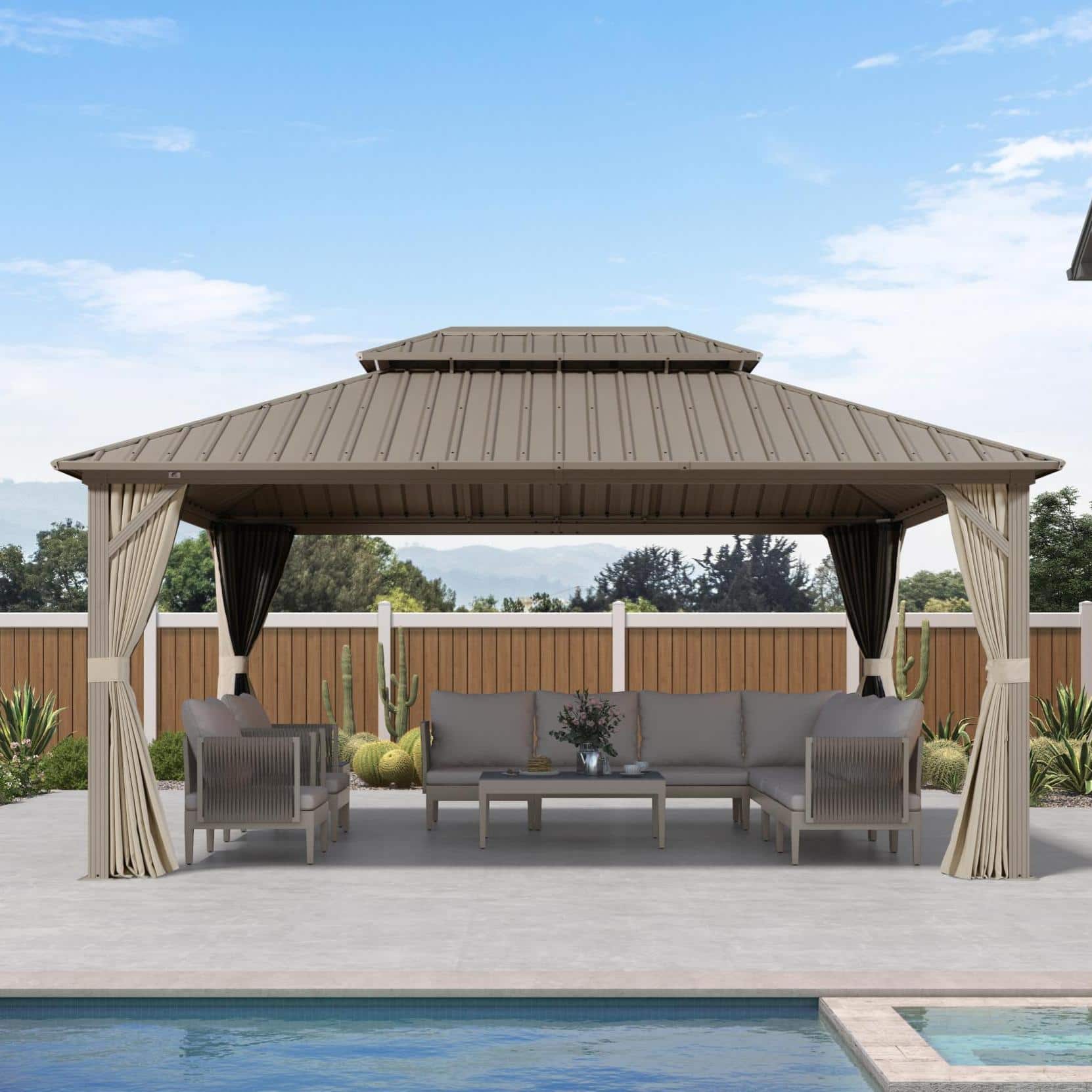 Front. PURPLE LEAF - 12' X 16' Outdoor Aluminum Champagne Hardtop Gazebo with Galvanized Steel Double Roof with Netting and Curtains - 12' X 16'.