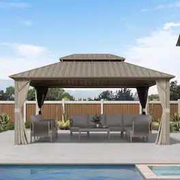 PURPLE LEAF - Outdoor Aluminum Champagne Hardtop Gazebo with Galvanized Steel Double Roof with Netting and Curtains - 12' X 16'