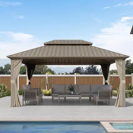 Front. PURPLE LEAF - 12' X 16' Outdoor Aluminum Champagne Hardtop Gazebo with Galvanized Steel Double Roof with Netting and Curtains - 12' X 16'.
