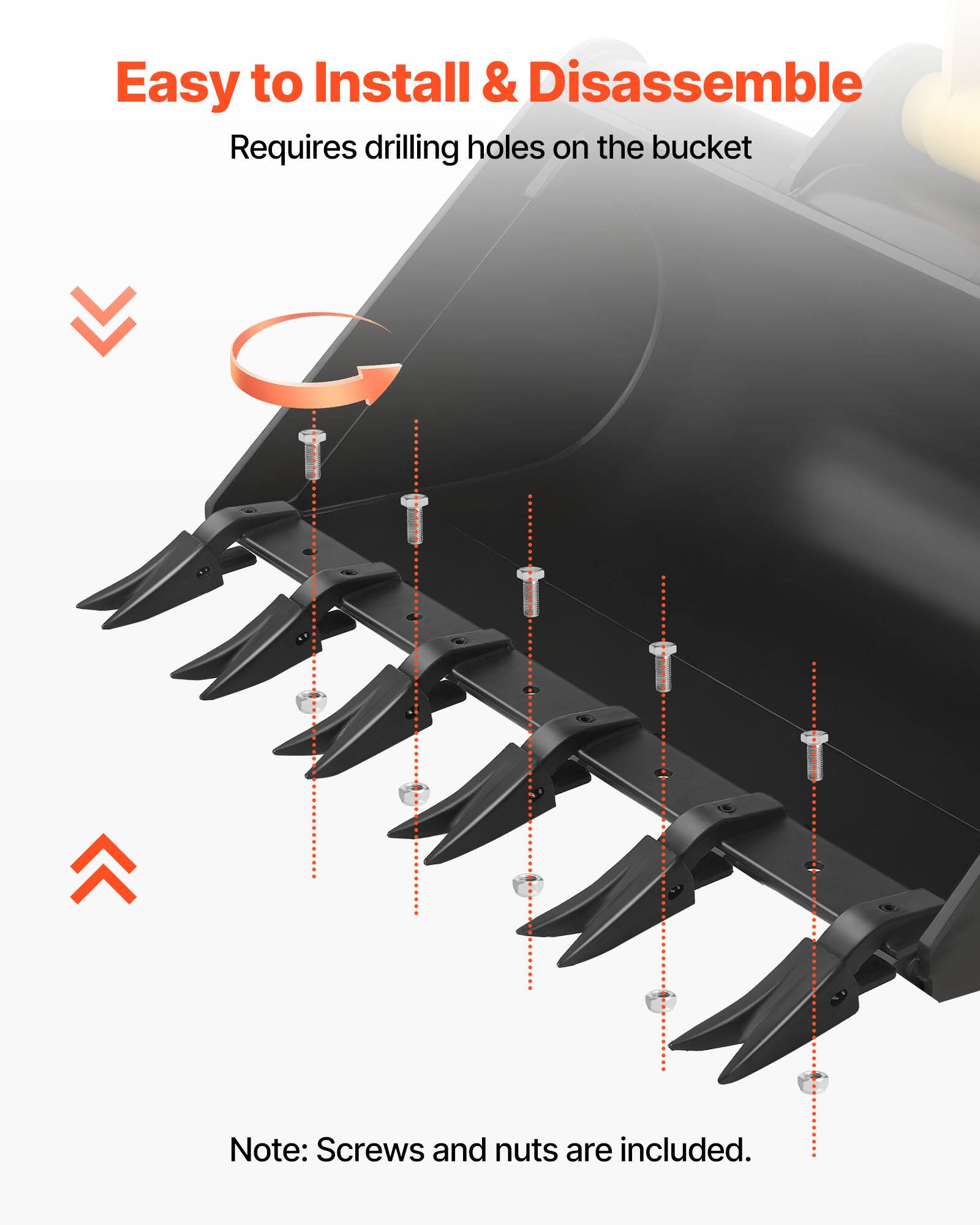 Easy to Install & Disassemble  
Requires drilling holes on the bucket  

Note: Screws and nuts are included.