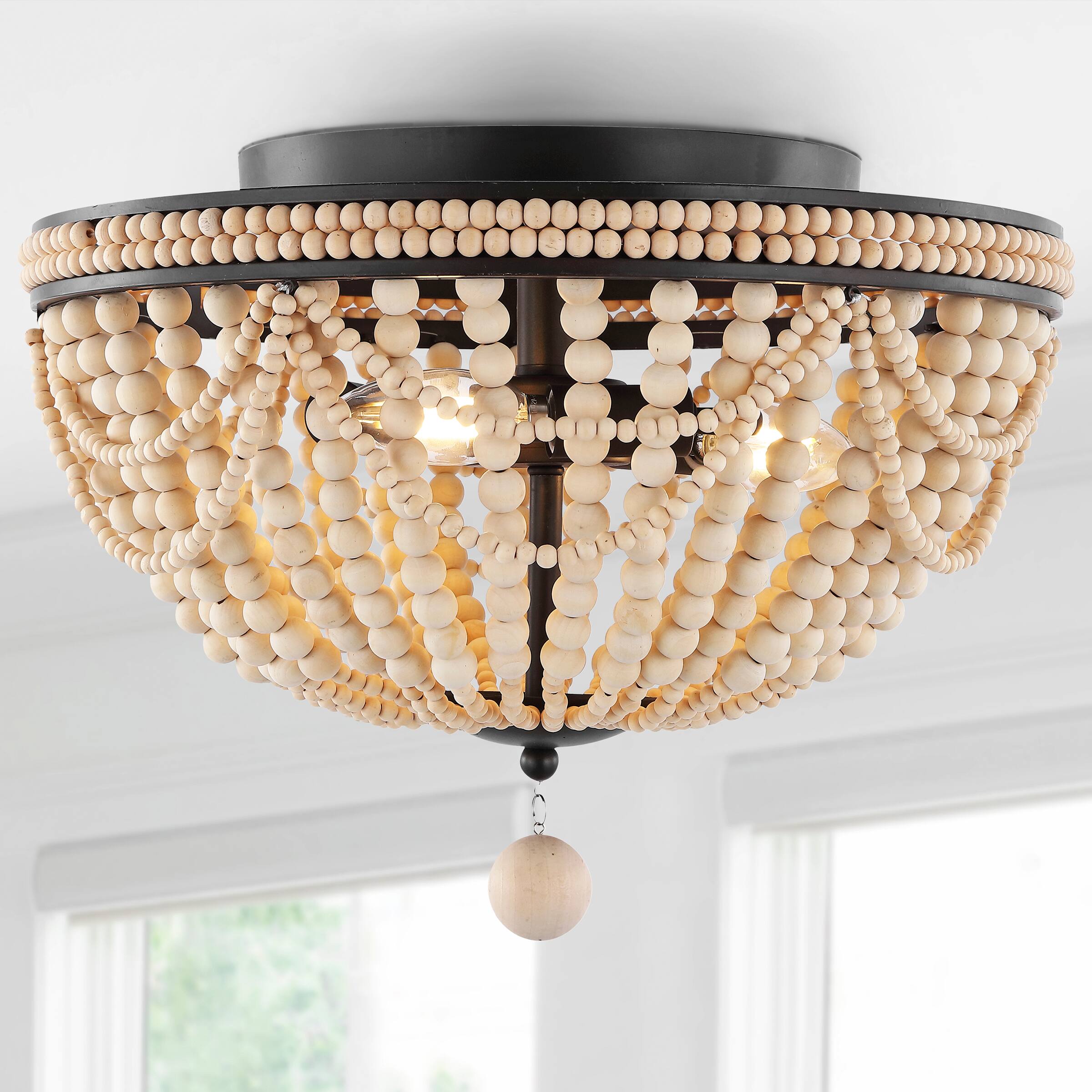 Alt View 1. Jonathan Y - Dune Wood Bead 15.25" 3-Light Bohemian Farmhouse Iron LED Semi Flush Mount, Oil Rubbed Bronze/Light Taupe - Oil Rubbed Bronze.