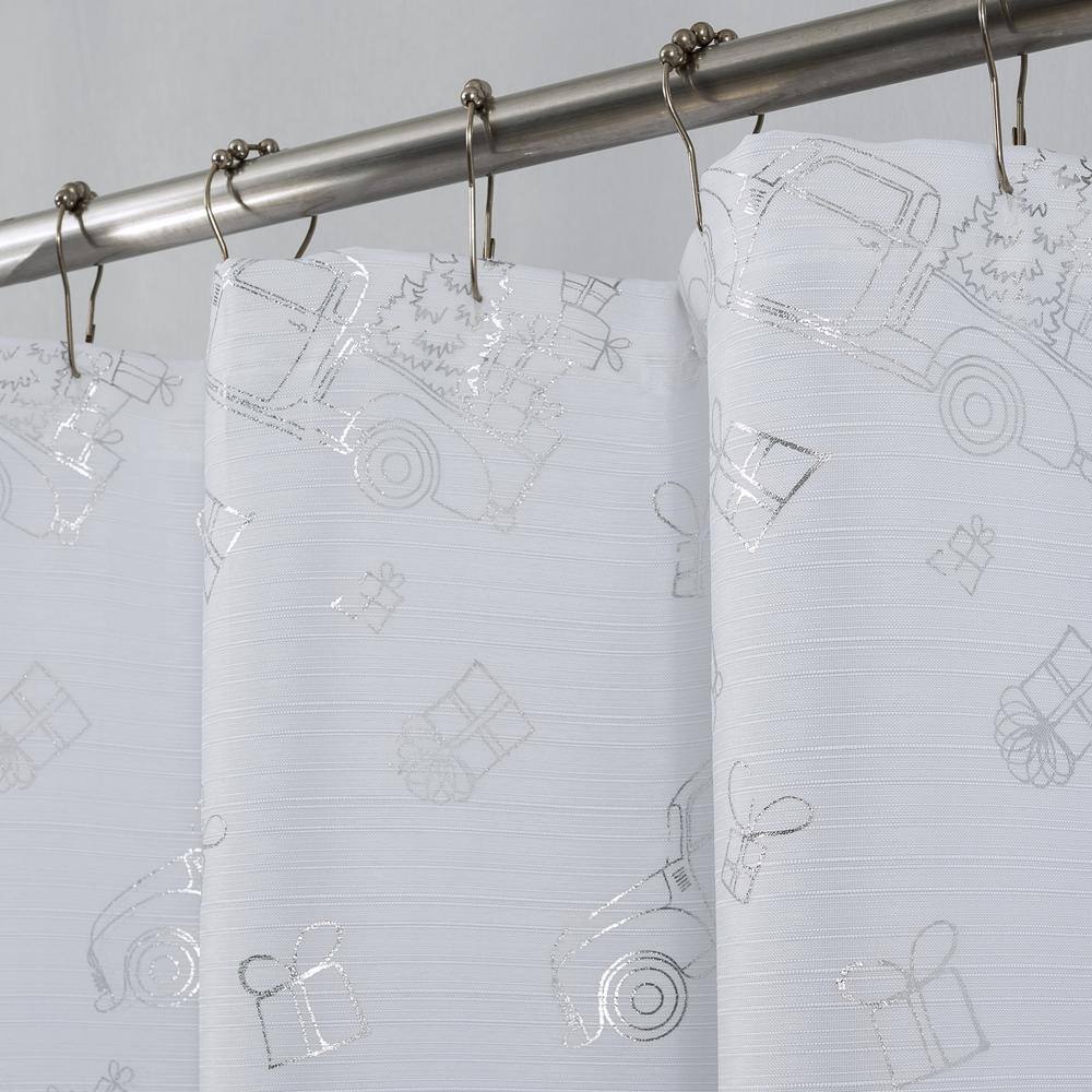 Angle. RT Designers Collection - RT Designers Collection Christmas Trucks Foil Shower Curtain 70" x 72" White/Silver - White silver.