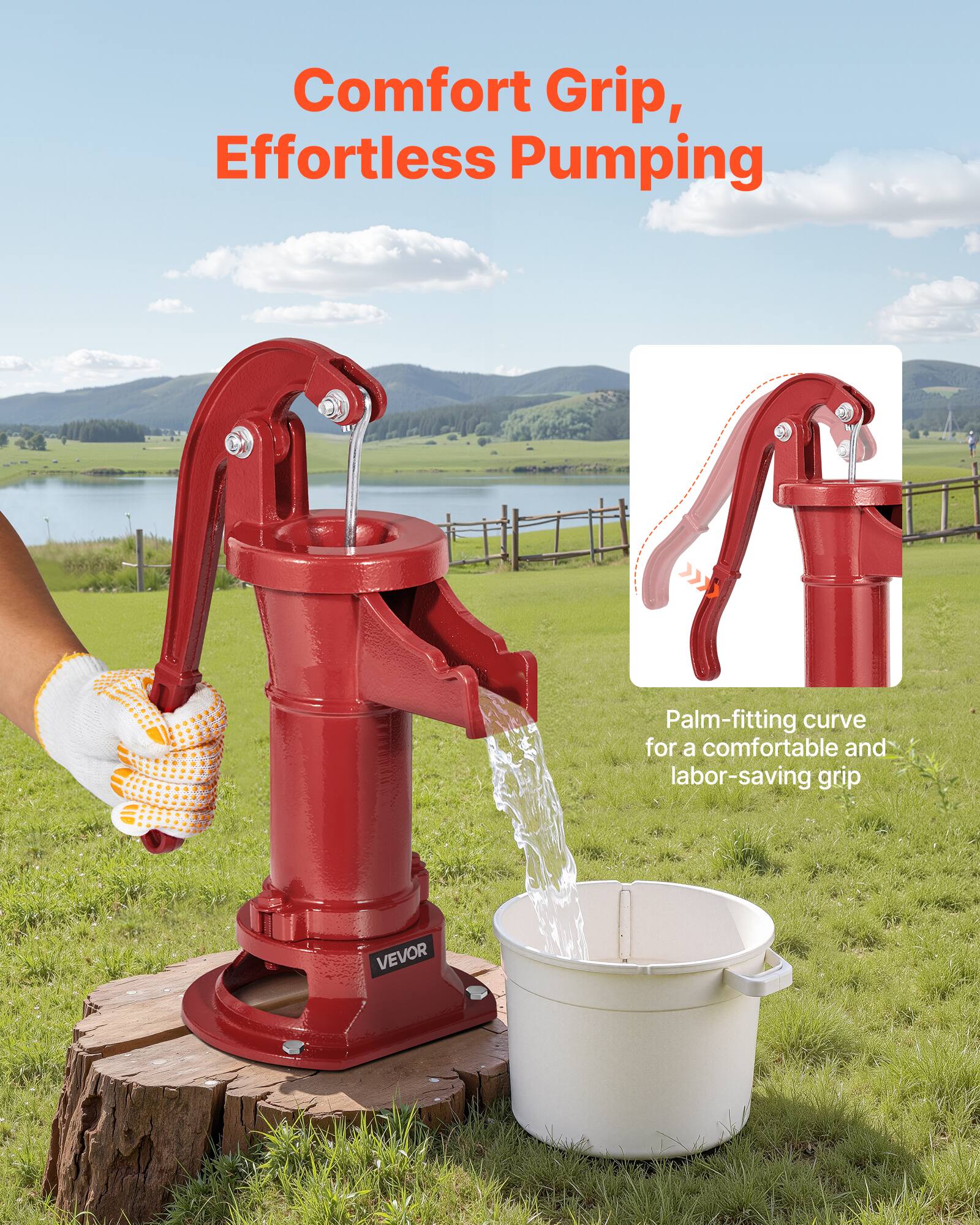 Comfort Grip, Effortless Pumping  
Palm-fitting curve for a comfortable and labor-saving grip  
VEVOR